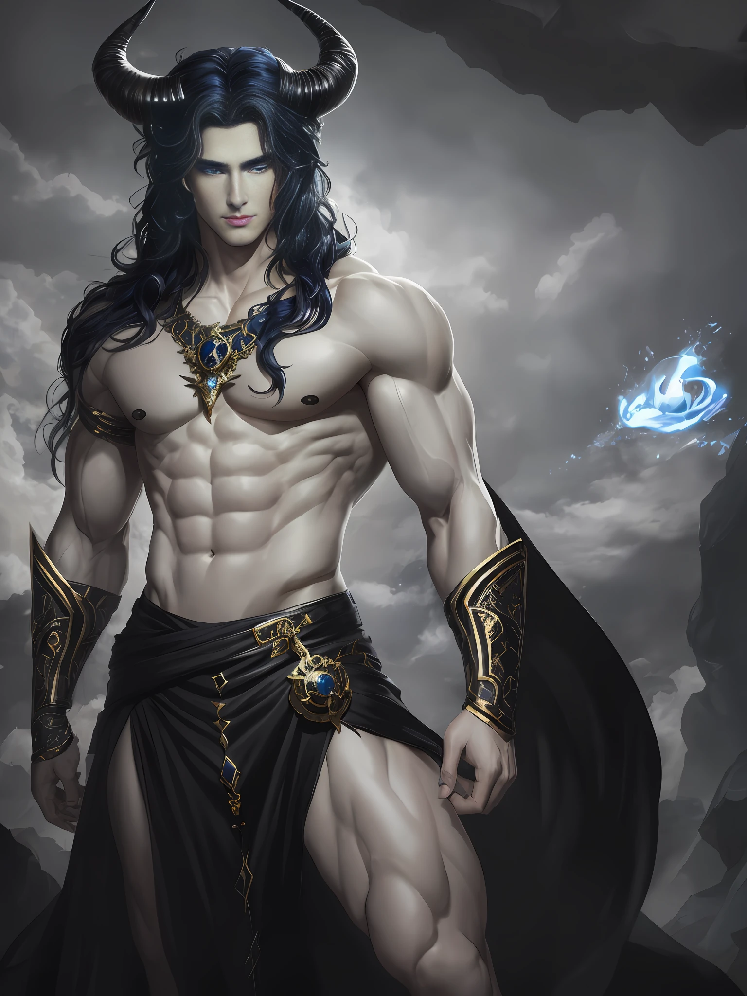 ((Best Eye Quality, 8K Eyes, Masterpiece: 1.3)), A seductive and virile figure of Hades, with ((perfect blue eyes: 1.3)), long black hair, white skin and a perfect face, ((his black horns a sign of his power: 1.3)), stands tall with a perfect body and body proportions, In a basement, ((underground:1.4)), all rendered in a unique and creative style, all rendered in a detailed, high-quality style, ((Detailed rendered eyes:1.3)), ((looking at the viewer:1.3))