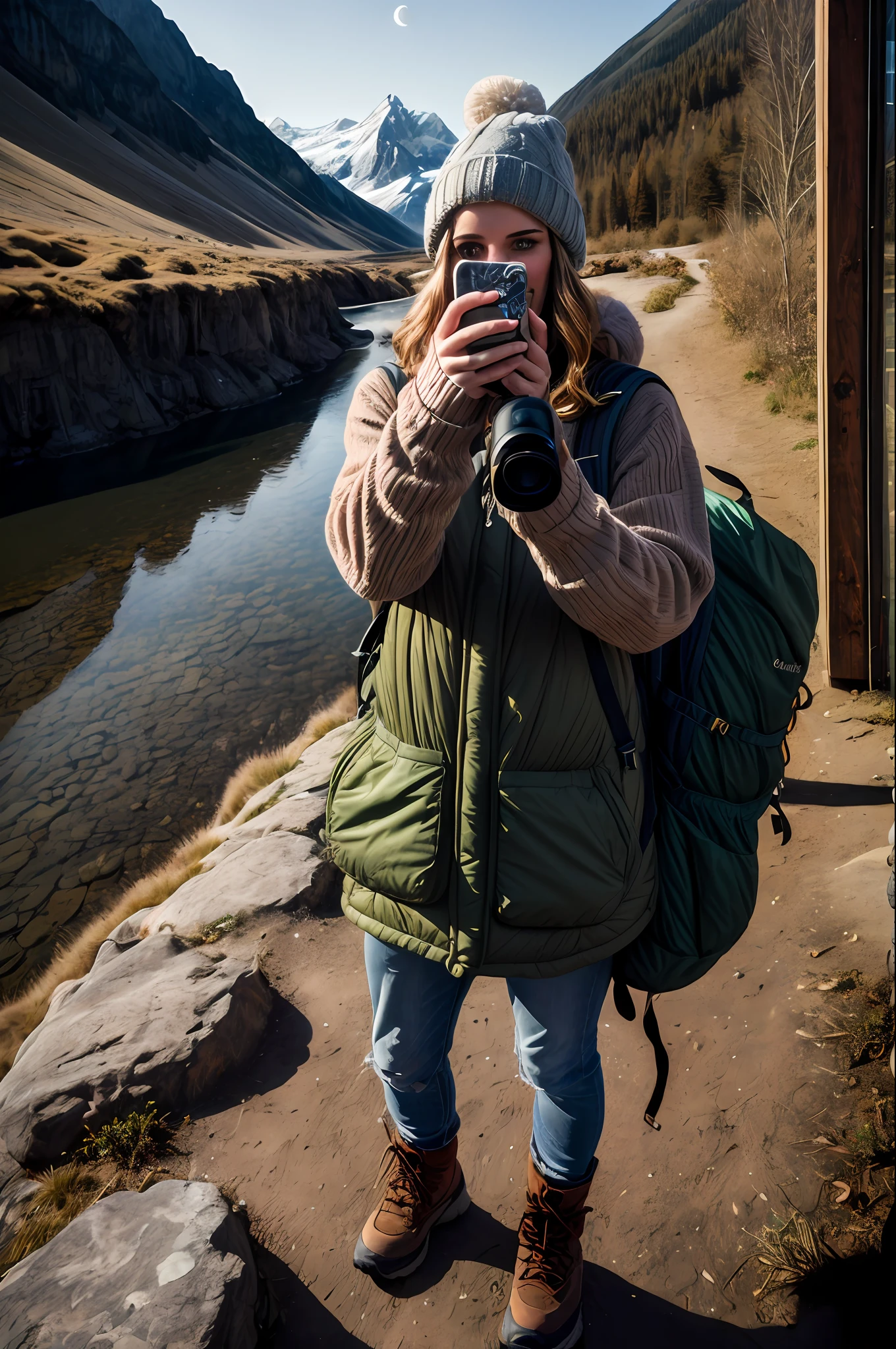 1 woman ((upper body selfie, happy)), masterpiece, best quality, ultra-detailed, ground, outdoor, (night), mountains, nature, (stars, moon) cheerful, happy, backpack, bag sleeping bag, camping stove, water bottle, mountain boots, gloves, sweater, hat, lantern, forest, rocks, river, wood, smoke, shadows, contrast, clear sky, style, (warm hue, warm tone): 1.2), close-up, cinematic light, side lighting, ultra high resolution, best shadow, RAW, upper body, old man, wearing pullover