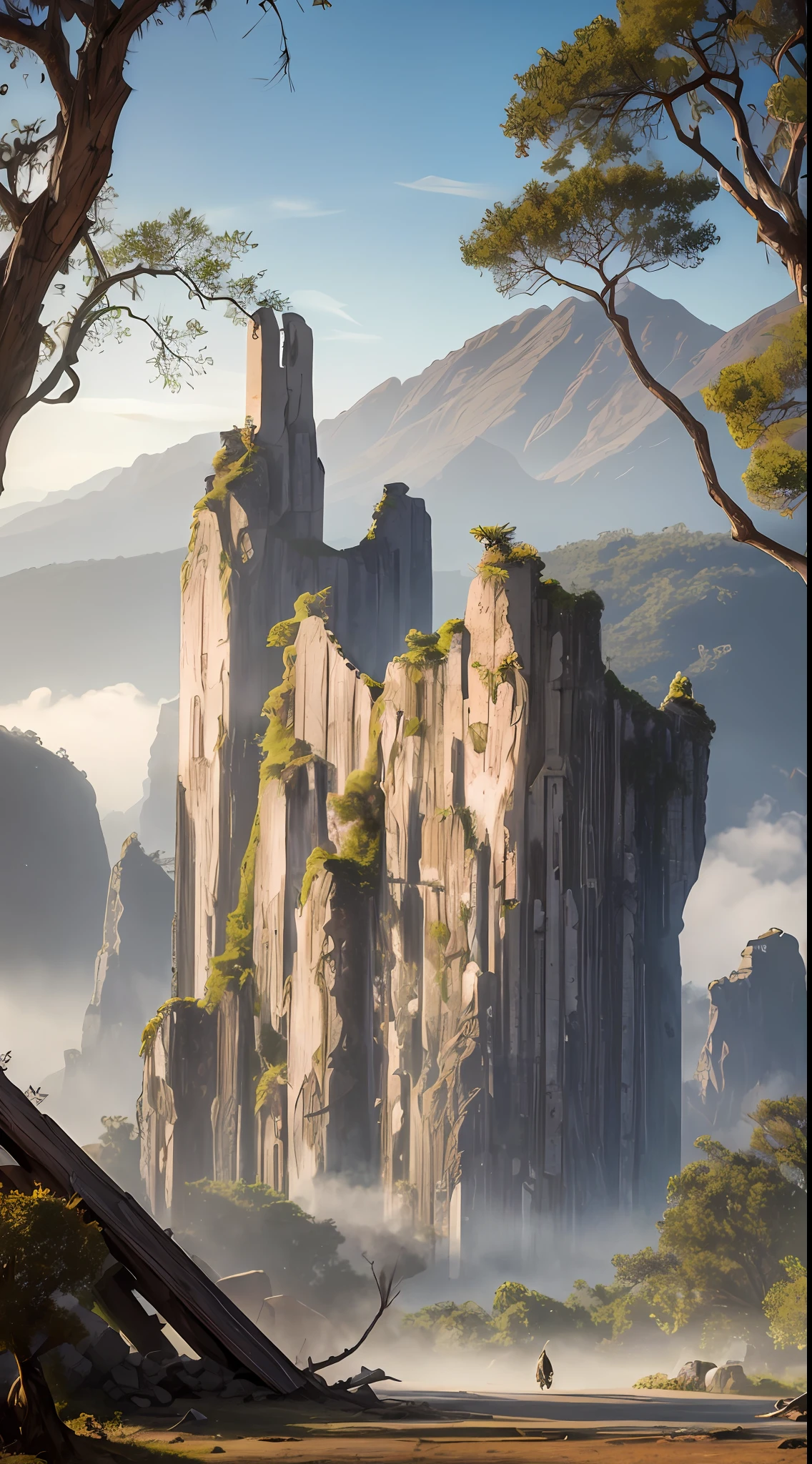 Ancient wind ruins, hazy, palm leaf meadows + dead branches and leaves, ancient city ruins + giant stone peaks, brilliant sunrise, mist, eagles coiled, ancient road curves, mysterious wilderness, colorful, ancient legends, high quality, UHD, 16k, highres