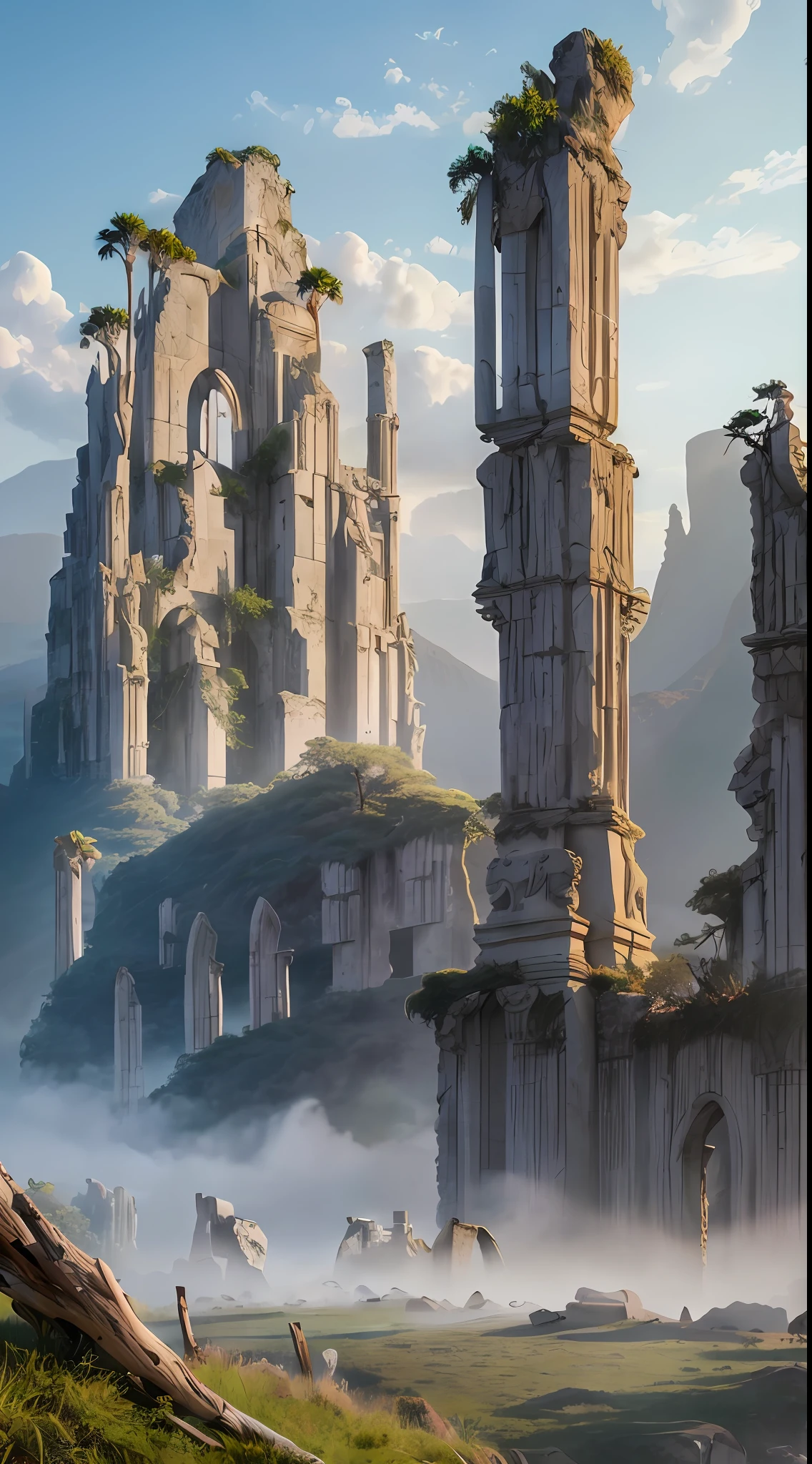 Ancient wind ruins, hazy, palm leaf meadows + dead branches and leaves, ancient city ruins + giant stone peaks, brilliant sunrise, mist, eagles coiled, ancient road curves, mysterious wilderness, colorful, ancient legends, high quality, UHD, 16k, highres