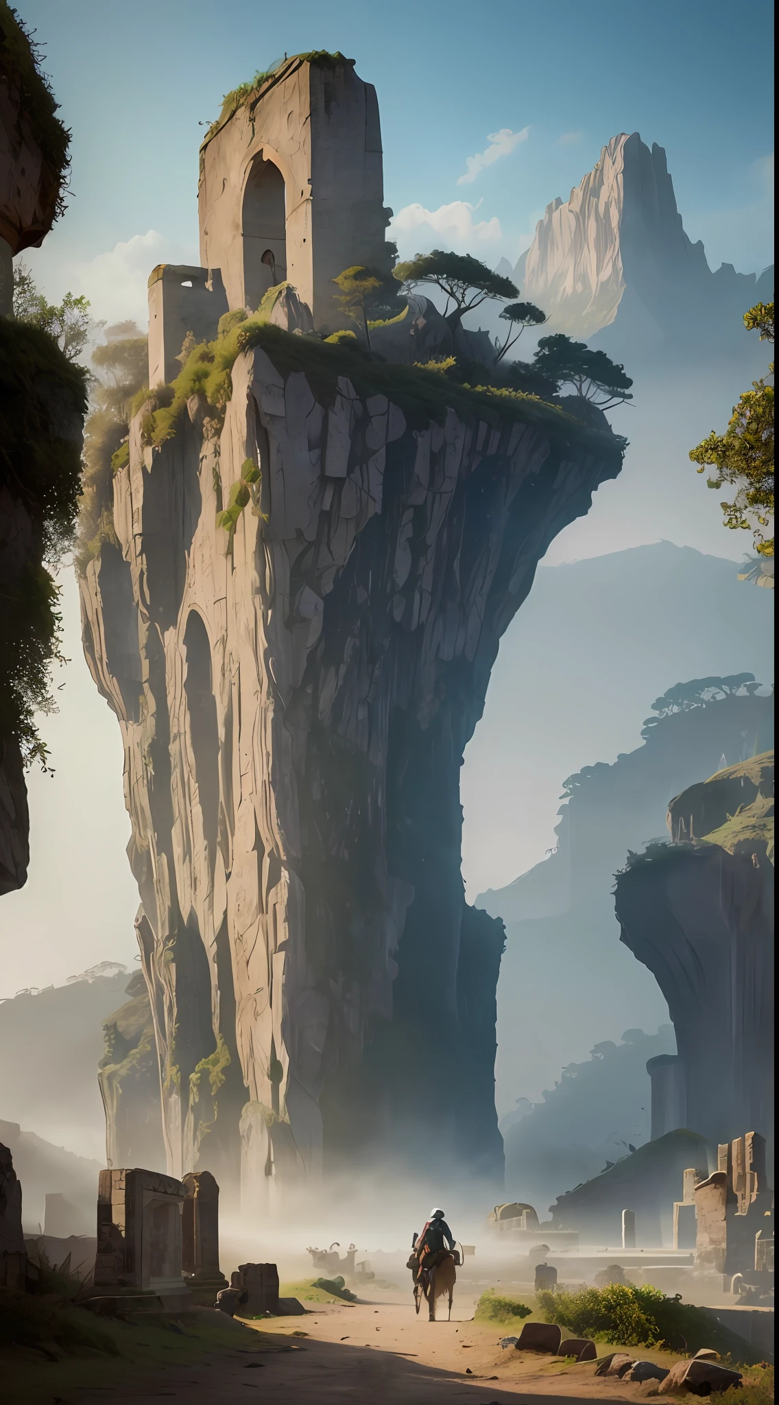 Ancient wind ruins, hazy, palm leaf meadows + dead branches and leaves, ancient city ruins + giant stone peaks, brilliant sunrise, mist, eagles coiled, ancient road curves, mysterious wilderness, colorful, ancient legends, high quality, UHD, 16k, highres