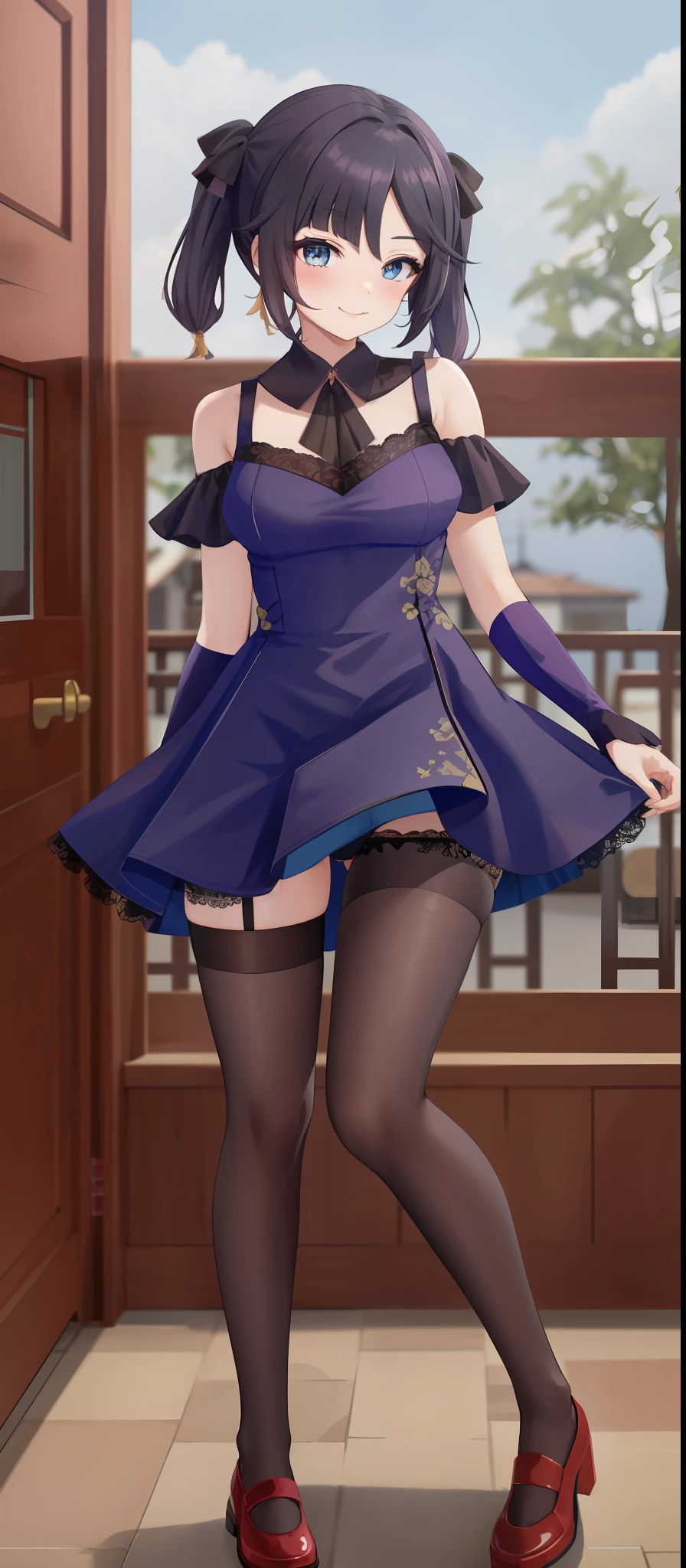 Lift skirt, Chinese dress, sexy panties, head hair twintail, feminine, blue eyes, collar, masterpiece, HD, vibrant, full body view, smile, sexy, teasing look, in lace underwear, bitch, look, feminine, lace panties, pcowboy shot, ponitail, tatto, bare legs, bare shoulders, Chinese dress, lace panties, skirt, in love, lace underwear, in the bedroom, ponytail hairstyle, big bow in hair, sfw, black panties,