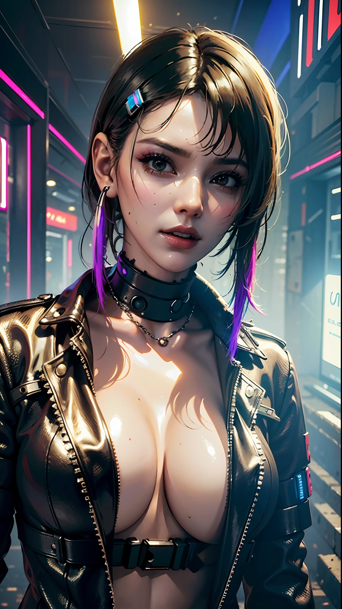 ((Best quality)), ((masterpiece)), (highly detailed:1.3), 3D, beautiful (cyberpunk:1.3), stylish woman looking at camera black leather clothes