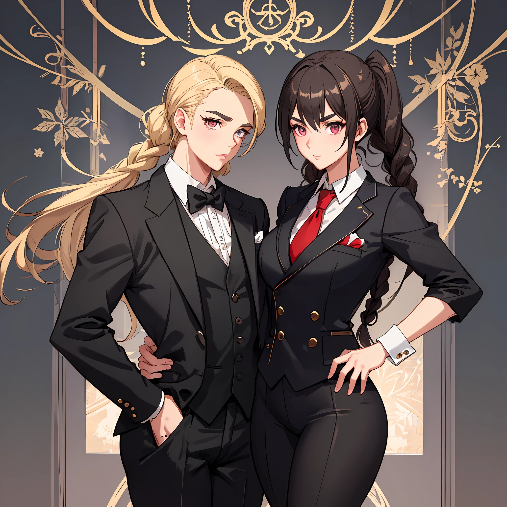 Men's attire, tailcoat, men's suit, rabbits, pigtails, small, huge thighs, thick eyebrows, thin waist, beautiful blonde, braid, (masterpiece), ((highest quality)), (super detailed), girl, (beautiful eyes)), beautiful detailed eyes, clean and detailed face, five fingers, textile shading, perfect anatomy,