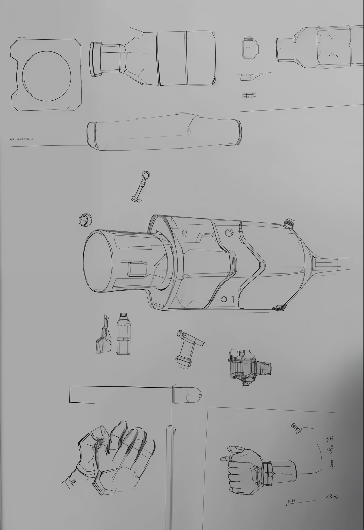 sketches of a hand holding a bottle of water and a pair of gloves, prop design, object concept art, toy design, high quality of sketching, concept drawing, by Jang Seung-eop, concept art!!, weapon design, product design, concept sketch, by Kim Jeong-hui, concept design, product design concept, product concept, simple bionic exploded drawing