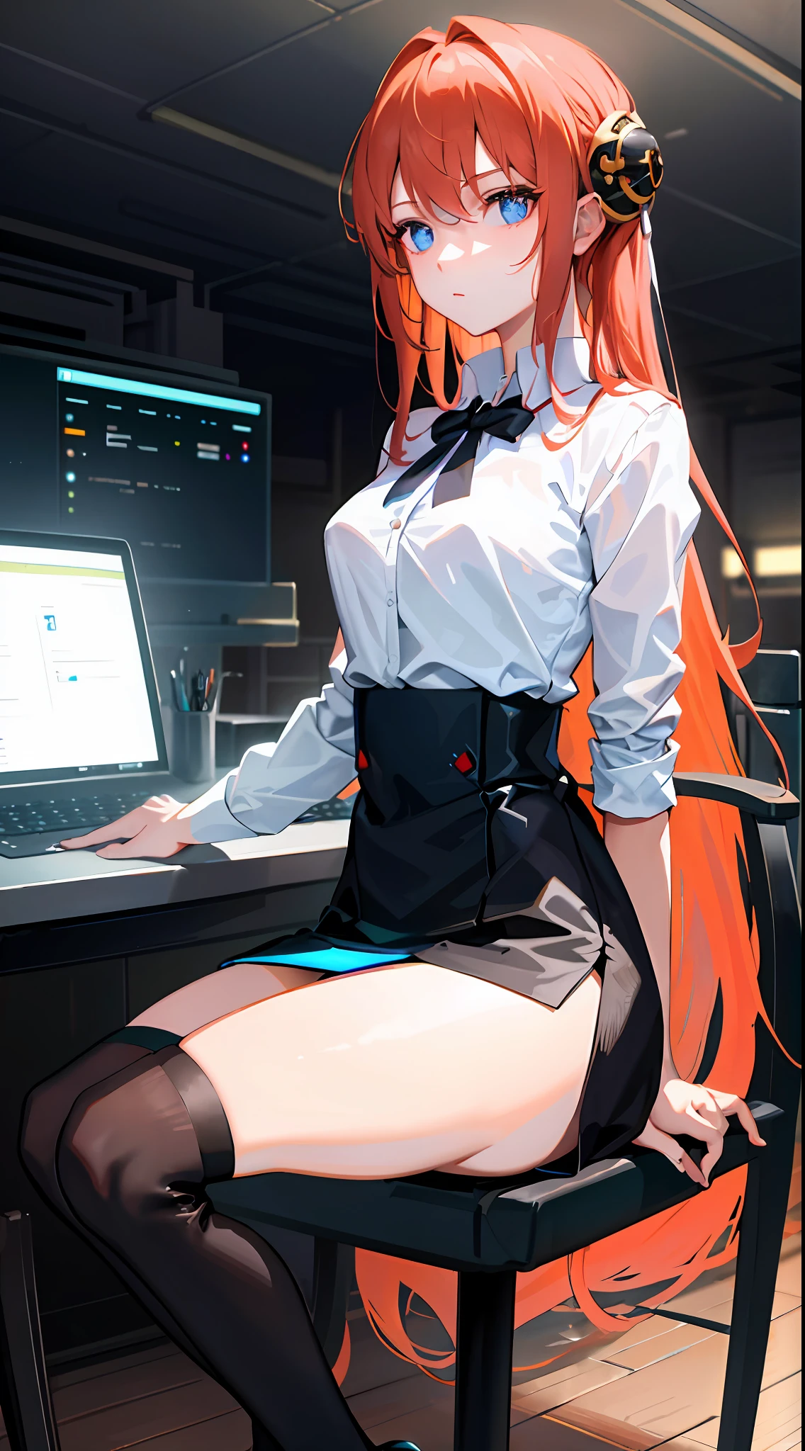 ((masterpiece)),(best quality),(detailed),(1girl), beautiful hair, glowing eyes, white shirt, black skirt, sitting on a computer server