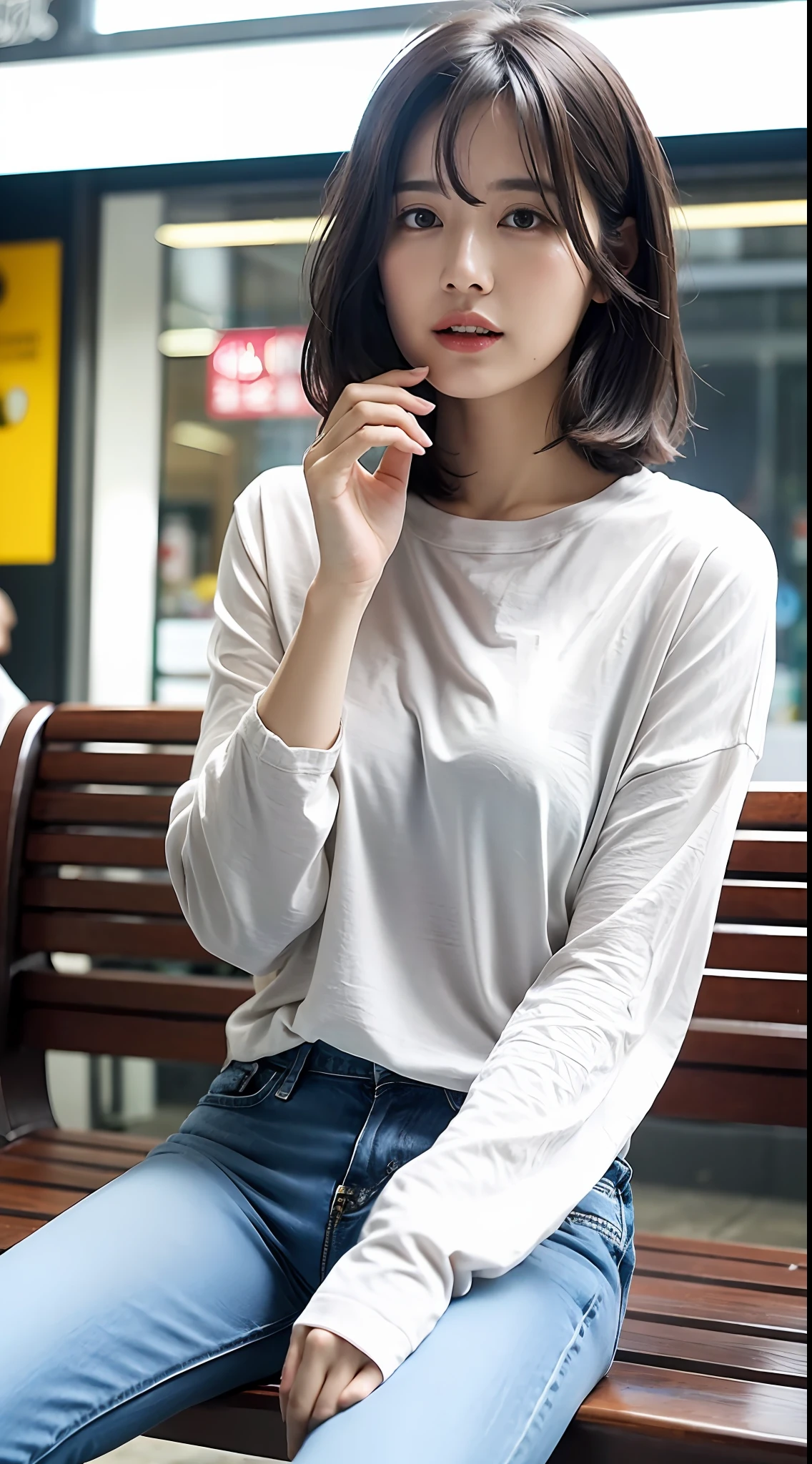 Short black hair fluttering in the wind, wrinkling expression, teardropping, with bangs, in sexy pose, side visible, hands up, lower body zoom, shopping street background, mature mature young woman, long t-shirt style, sagging eyes, big double teeth, super cute, nice perfect face with soft skin, 8K resolution, ultra-realistic, super detailed, high quality, immature woman in erotic and beautiful trendy pants, sitting on a bench,