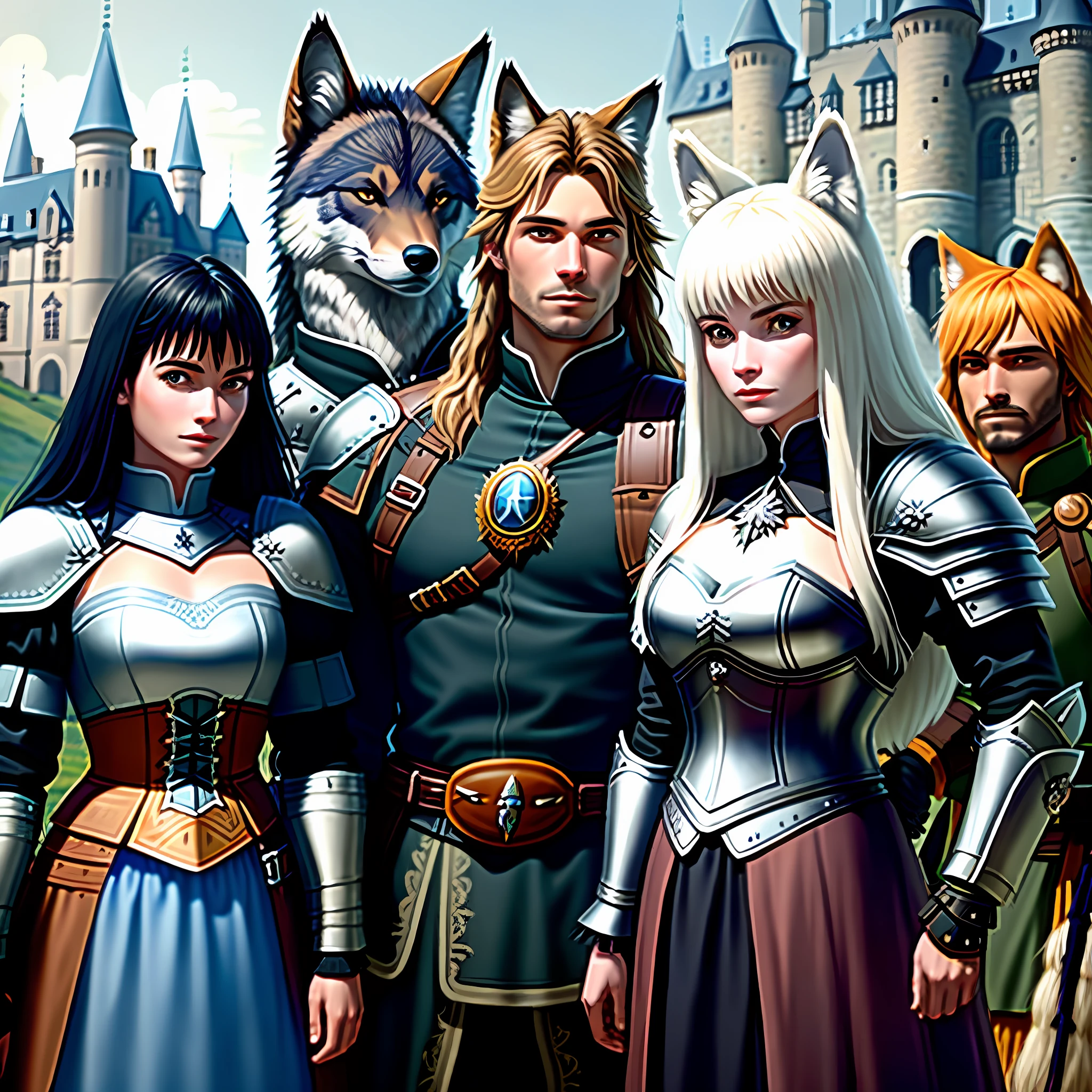 A friendly company of warriors, two men and two women in armor, about the same height, in animal skins, full-length, against the background of the castle, good detail of the castle, masterpiece, best quality, detail, brave, brave, look ahead, beautiful faces, gothic style, dark background, armor decorated with animal skins, fox skins, raccoon skins, wolf skins. A guardian angel and a witch fly in the sky on a broomstick, in the hands of the witch there is a cauldron in which dill is boiled.