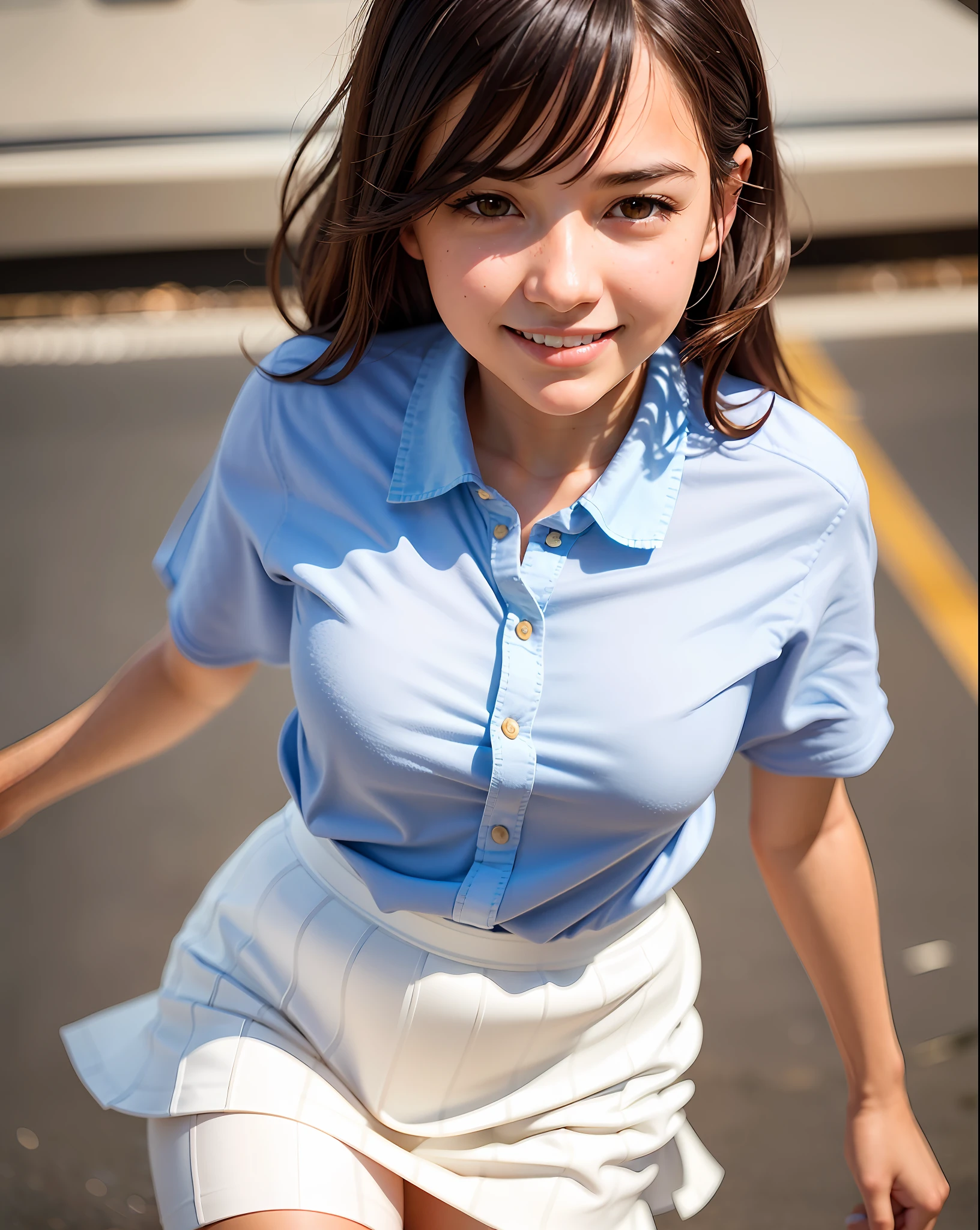 best quality, face focus, soft light, (depth of field) ,ultra high res, (photorealistic:1.4), RAW photo, ambient occlusion,walking,
1girl, solo, cute, shy, (smile:1.2), (brown eyes,catch light), detailed beautiful skin, (dark_hair, short_hair ), (white shirt , blue skirt)