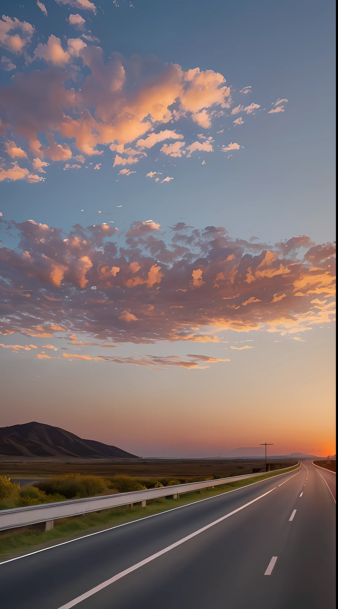 Lonely, lonely on the highway. The sky is orange-red sunset, the clouds are beautiful and romantic, and there is a little dark purple in the sky. The whole picture gives a strong sense of loneliness, melancholy and romance. Please use the best image quality and detail, high quality, UHD, 16k, highres