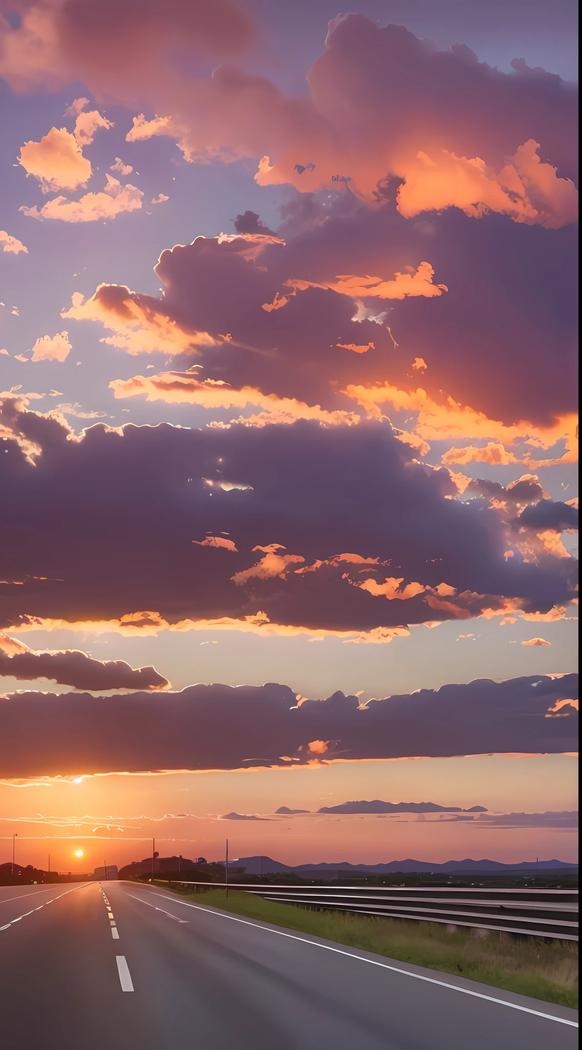 Lonely, lonely on the highway. The sky is orange-red sunset, the clouds are beautiful and romantic, and there is a little dark purple in the sky. The whole picture gives a strong sense of loneliness, melancholy and romance. Please use the best image quality and detail, high quality, UHD, 16k, highres