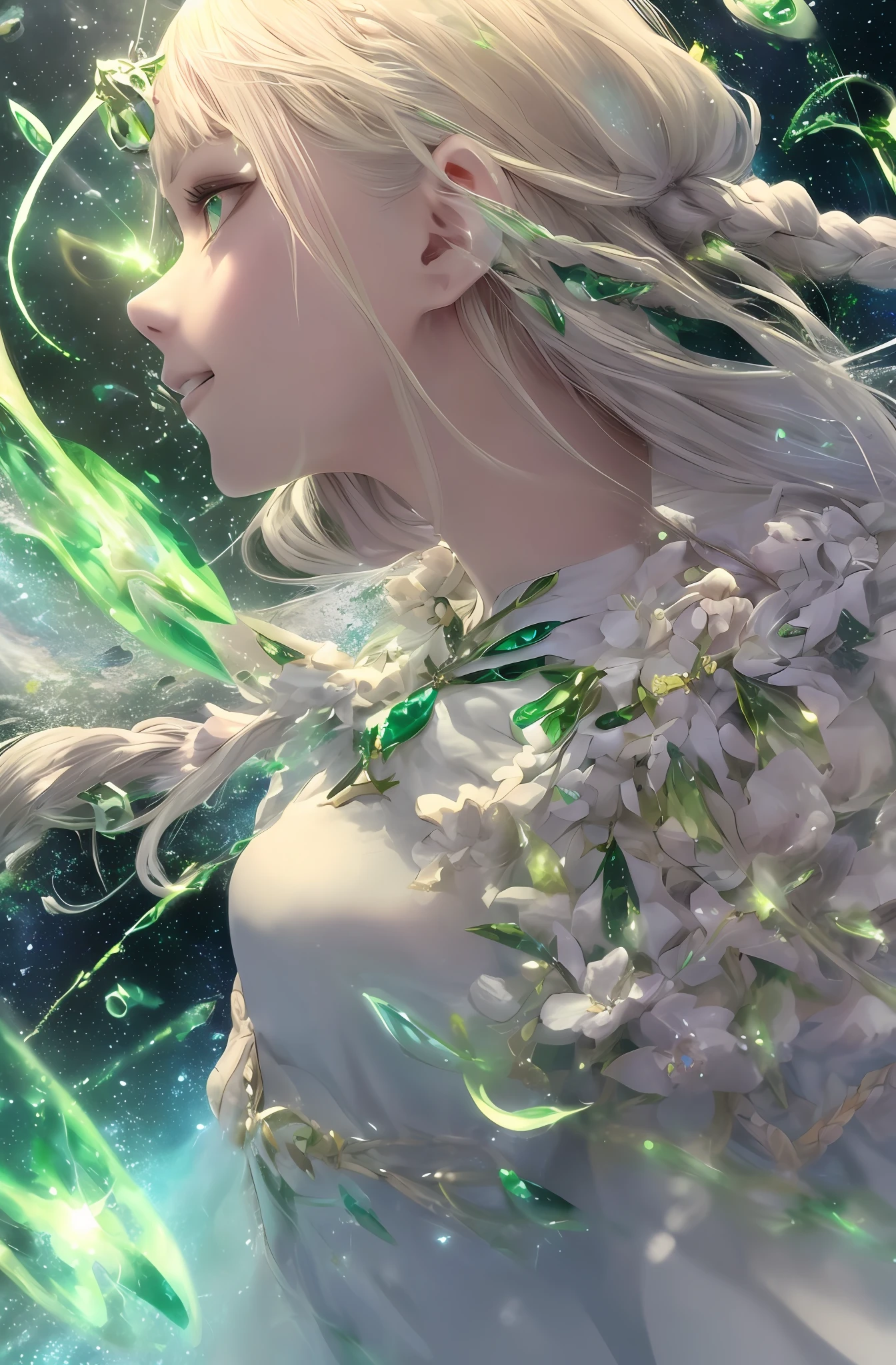 Top quality, masterpiece, upper body, Ukrainian woman, (Adult: 1.6), (grin: 0.4), braided blonde hair, emerald eyes, medieval white sundress, Suspended light particles, center, looking diagonally upwards, profile
emerald eyes,
space strapless dress,
airborne light particles, center,