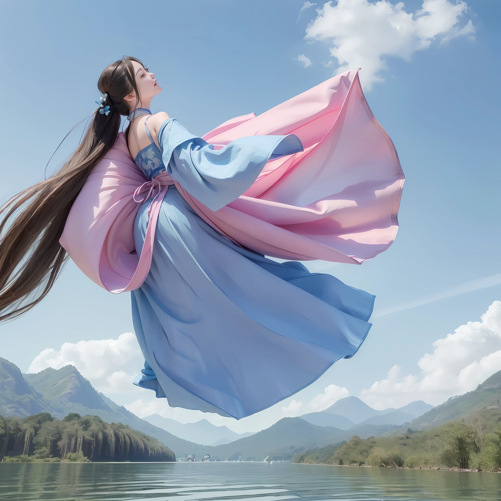 (Best image quality: 1.2, 8K wallpaper), (gorgeous Hanfu, long flowing hair, charming shoulders, smile), (floating, dancing, lake and mountains, bamboo forest), (1 girl, [blue hair: 1.2, blue eyes: 1.1]), (rich details: 1.2), (harmonious music: 1.1)