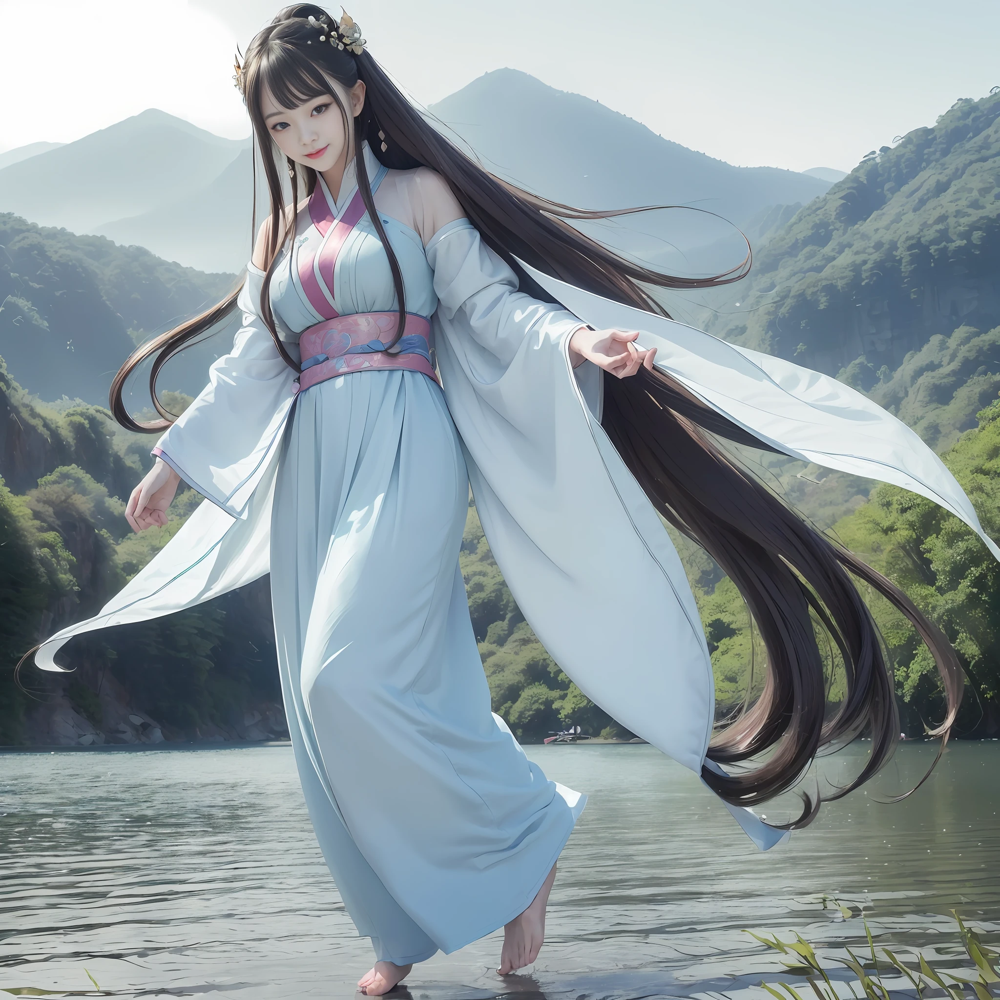 (Best image quality: 1.2, 8K wallpaper), (gorgeous Hanfu, long flowing hair, charming shoulders, smile), (floating, dancing, lake and mountains, bamboo forest), (1 girl, [blue hair: 1.2, blue eyes: 1.1]), (rich details: 1.2), (harmonious music: 1.1)