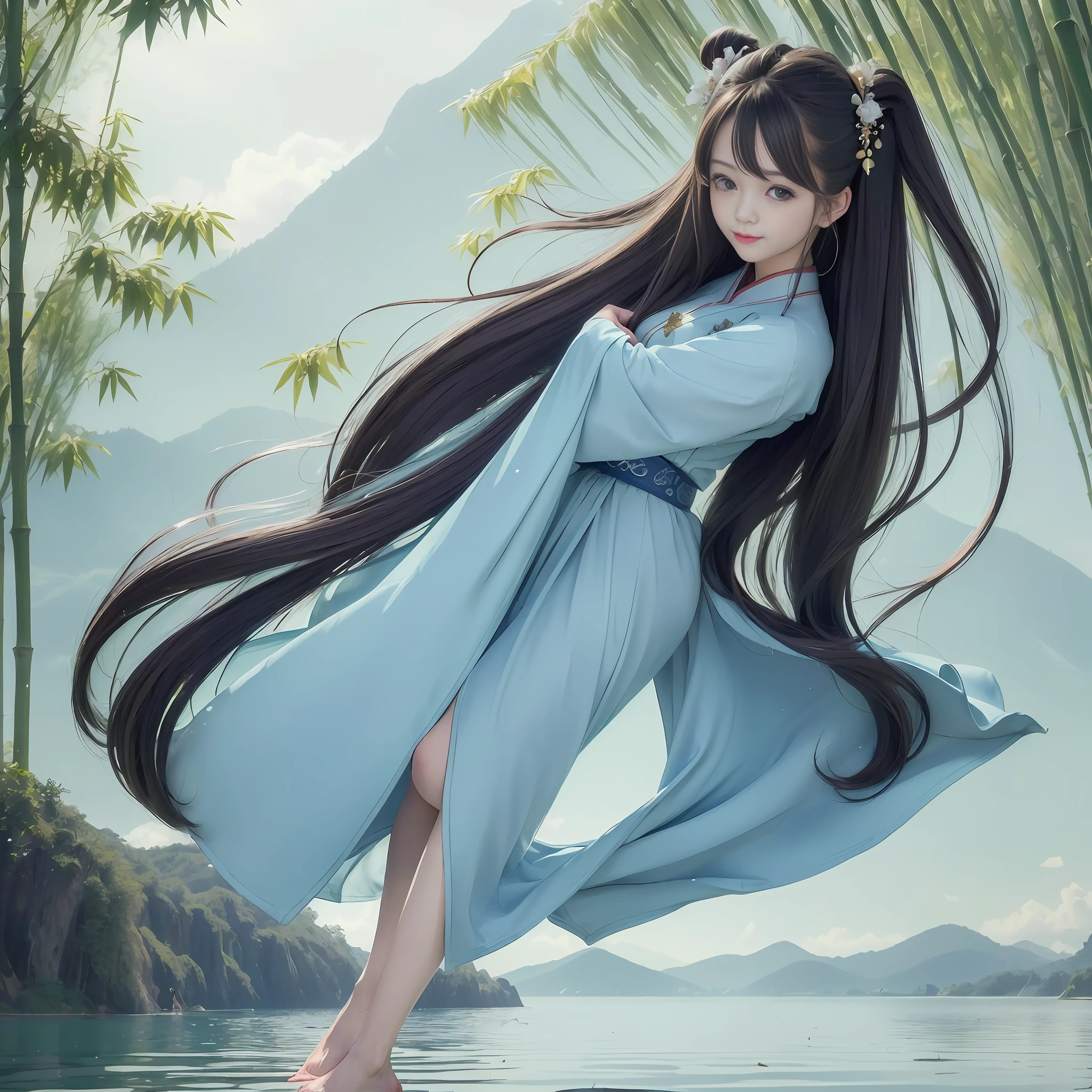 (Best image quality: 1.2, 8K wallpaper), (gorgeous Hanfu, long flowing hair, charming shoulders, smile), (floating, dancing, lake and mountains, bamboo forest), (1 girl, [blue hair: 1.2, blue eyes: 1.1]), (rich details: 1.2), (harmonious music: 1.1)