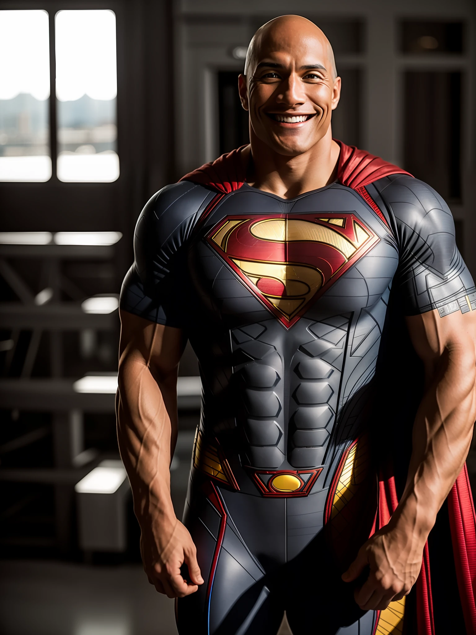 photo of th3r0ck , smiling, wearing (Superman suit), muscular, 8k uhd, dslr, high quality, film grain, Fujifilm XT3