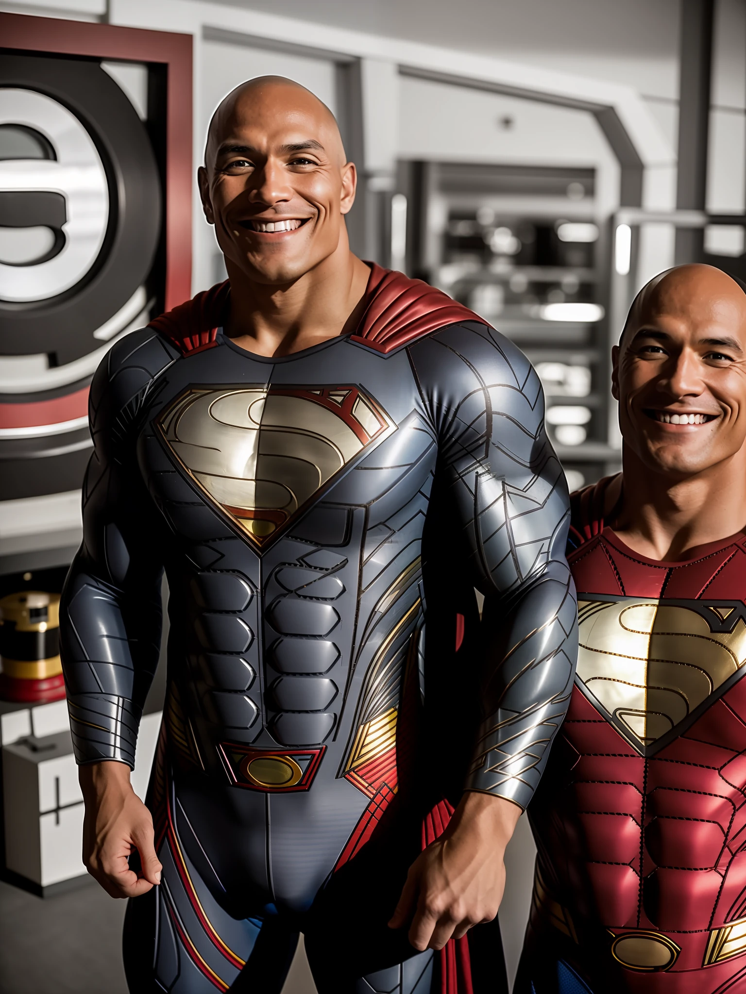 photo of th3r0ck , smiling, wearing (Superman suit), muscular, 8k uhd, dslr, high quality, film grain, Fujifilm XT3