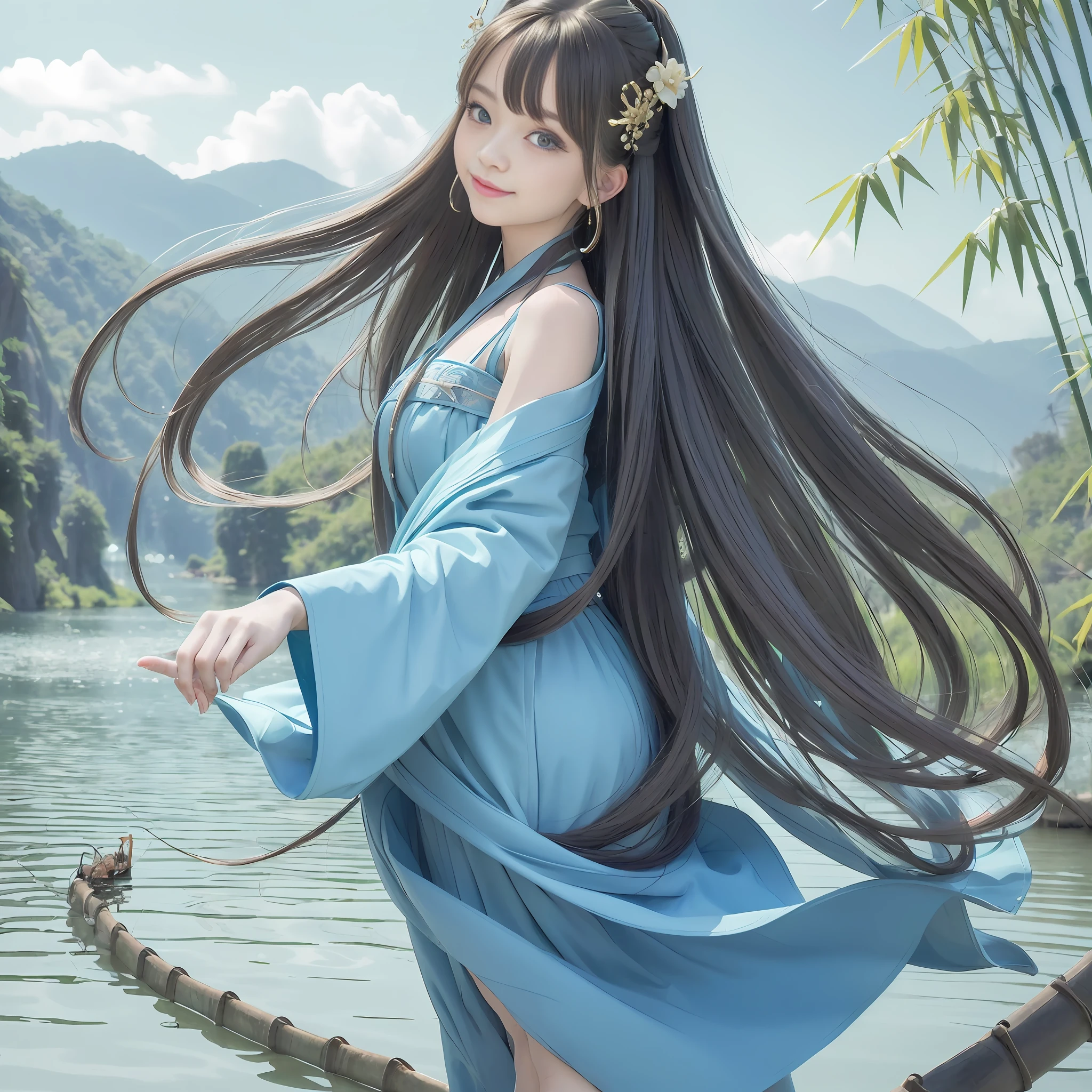 (Best image quality: 1.2, 8K wallpaper), (gorgeous Hanfu, long flowing hair, charming shoulders, smile), (floating, dancing, lake and mountains, bamboo forest), (1 girl, [blue hair: 1.2, blue eyes: 1.1]), (rich details: 1.2), (harmonious music: 1.1)