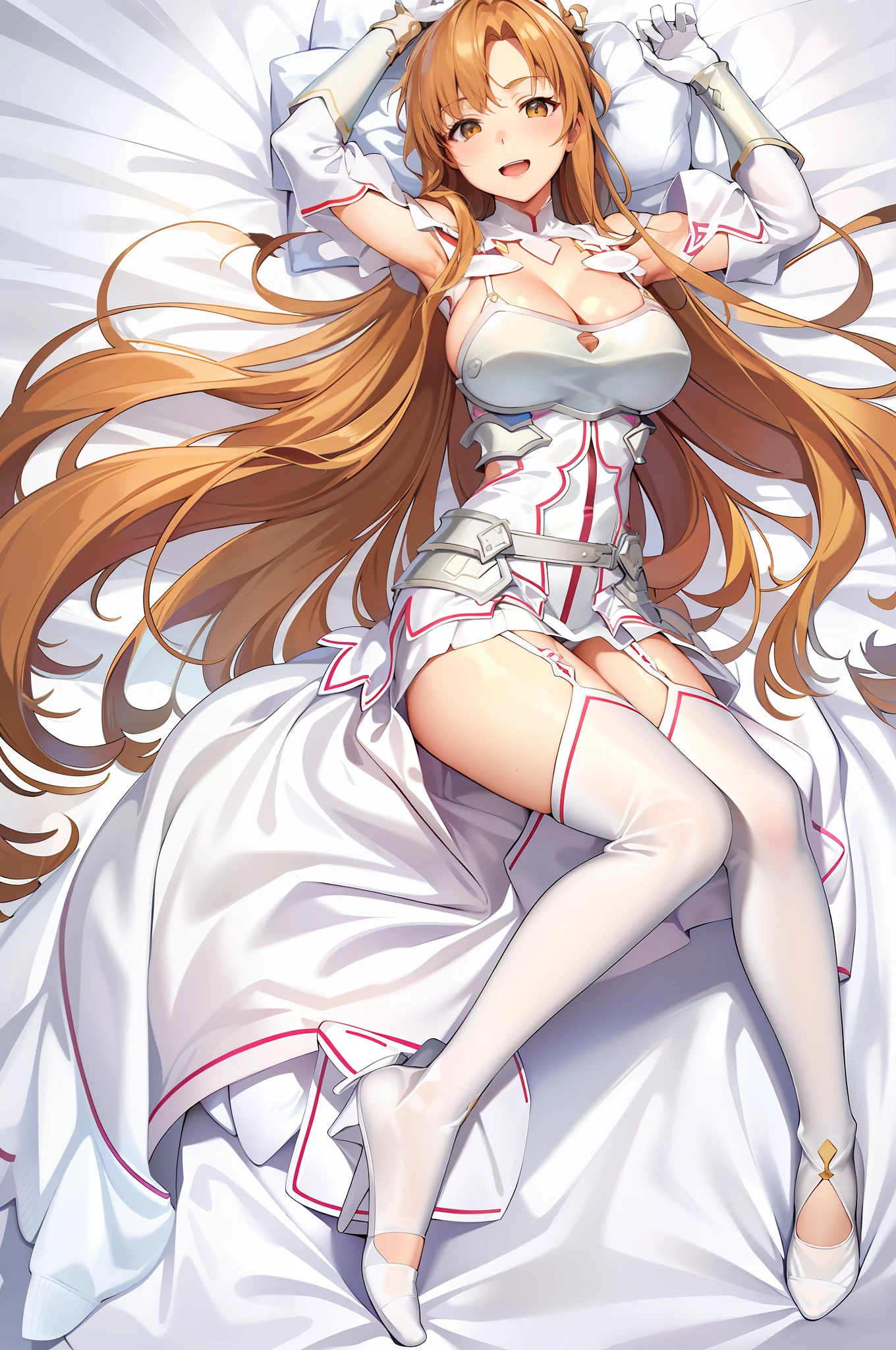 stacia, asuna, asuna_\(sao\), 1girl, (sexy pose:1.4), fantasy, highres, looking_away, looking_to_the_side, original, realistic, (excite), scenery, close_up, upper_body, (lying on the bed:1.5), smiling, solo, (potruding nipple:1.2), long hair, (huge breasts:1.3), looking at viewer, smile, open mouth, bangs ,detailed eyes, beautiful background, (hotel room), hands on the chest, orange hair, thighhighs, gloves, dress, (cleavage:1.4), bare shoulders, brown eyes, very long hair, standing, (full body:1.5), white gloves, white dress, armor, white thighhighs, garter straps, breeze, white armor, abec, nsfw