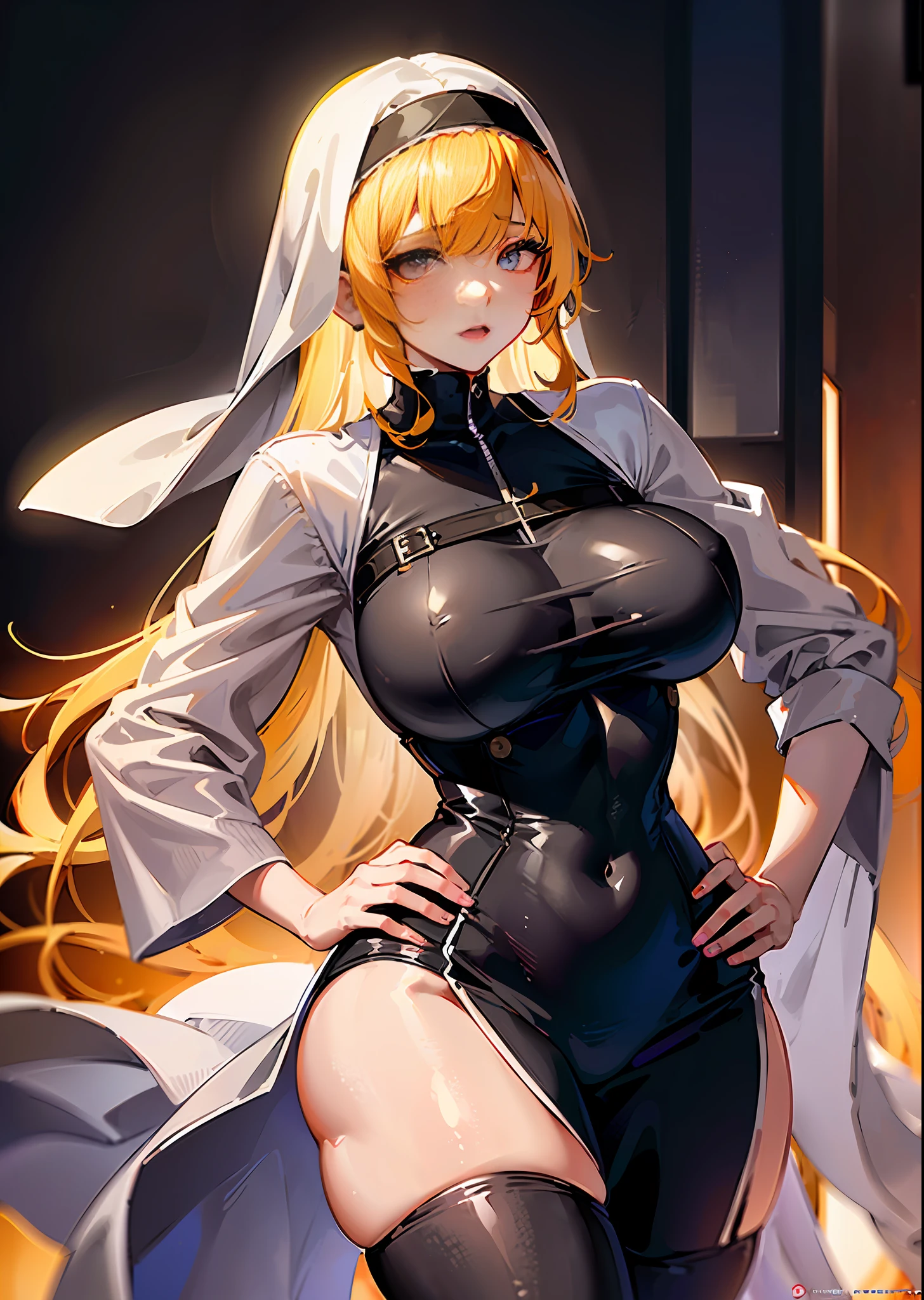 Breasts larger than torso, gigantic breasts, insanely inflated breasts, Beautiful young princess nun, white nun habit, tight black nun robes with buttons, button gap, robin wright, right and vibrant colors in background, detailed face, very detailed skin, thick and chubby body, (oppai: 1.9) breast size, chest up shot, long black burlap nun dress, billowing dress, an 18 year old nun being tempted by the devil, Bright and vibrant colors, concerned facial expression, messy bright blonde hair, (realistic:1.5), skin indent. octane render, (unparalleled masterpiece, ultra-realistic 8k CG, dramatic, ray tracing, HDR:1.2), (Best Quality), fantasy, atmospheric, extremely detailed, intricate, hyper-detailed, harsh lighting, (specular lighting:1.4), (photorealistic face:1.2), (skindentation:1.3), (1girl:1.4), ()