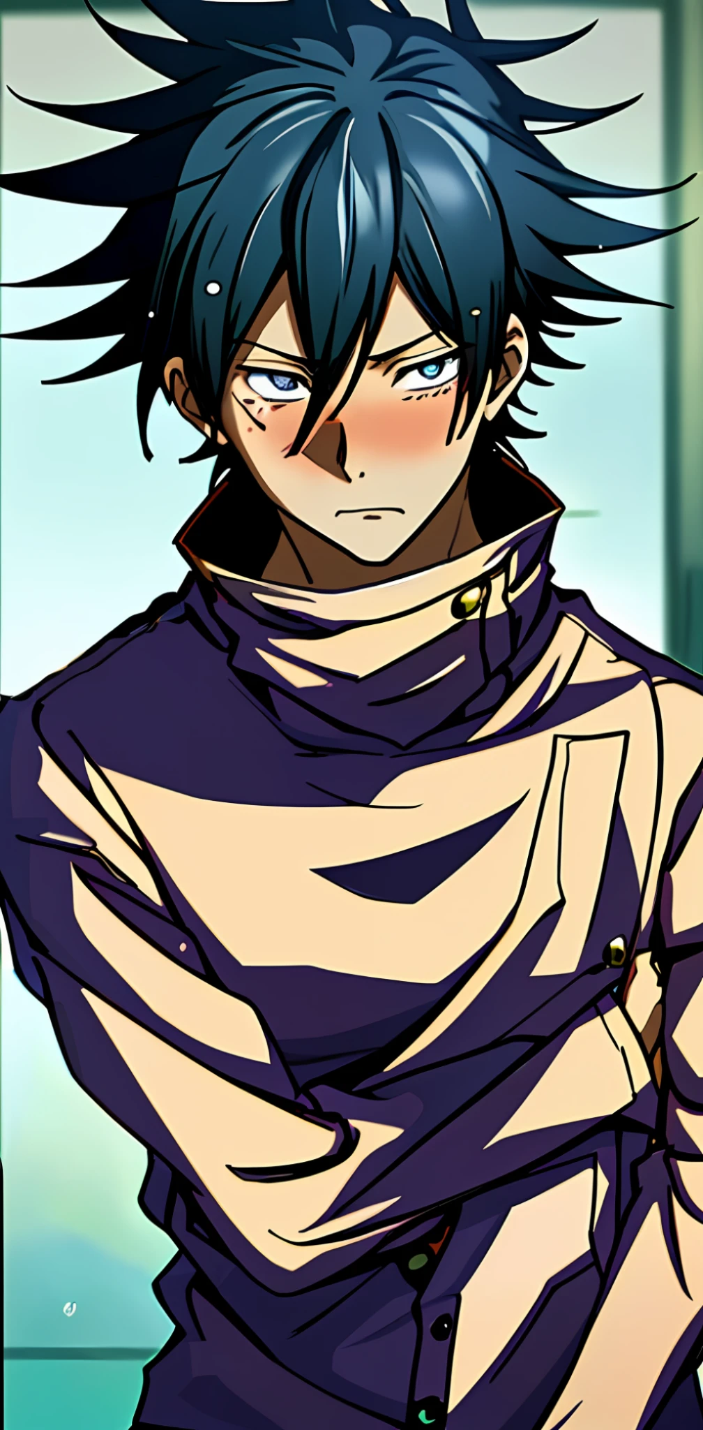 spell return battle, 4 k manga wallpaper, tall anime guy with blue eyes, anime wallpaper 4 k, anime wallpaper 4k, high quality anime art style, pop in pixiv, digital art, Shiguro Megumi, Megumi Fuguro, wet shirt partially unbuttoned, masterpiece, best quality, official art, extremely detailed 8k wallpaper, black eyes, radiant gradient blue eyes, wet state, black hair, saliva, tsundere, saliva marks, , depth of field, moles on breasts, ☔ Japanese male high school student, lying in bed, R-15