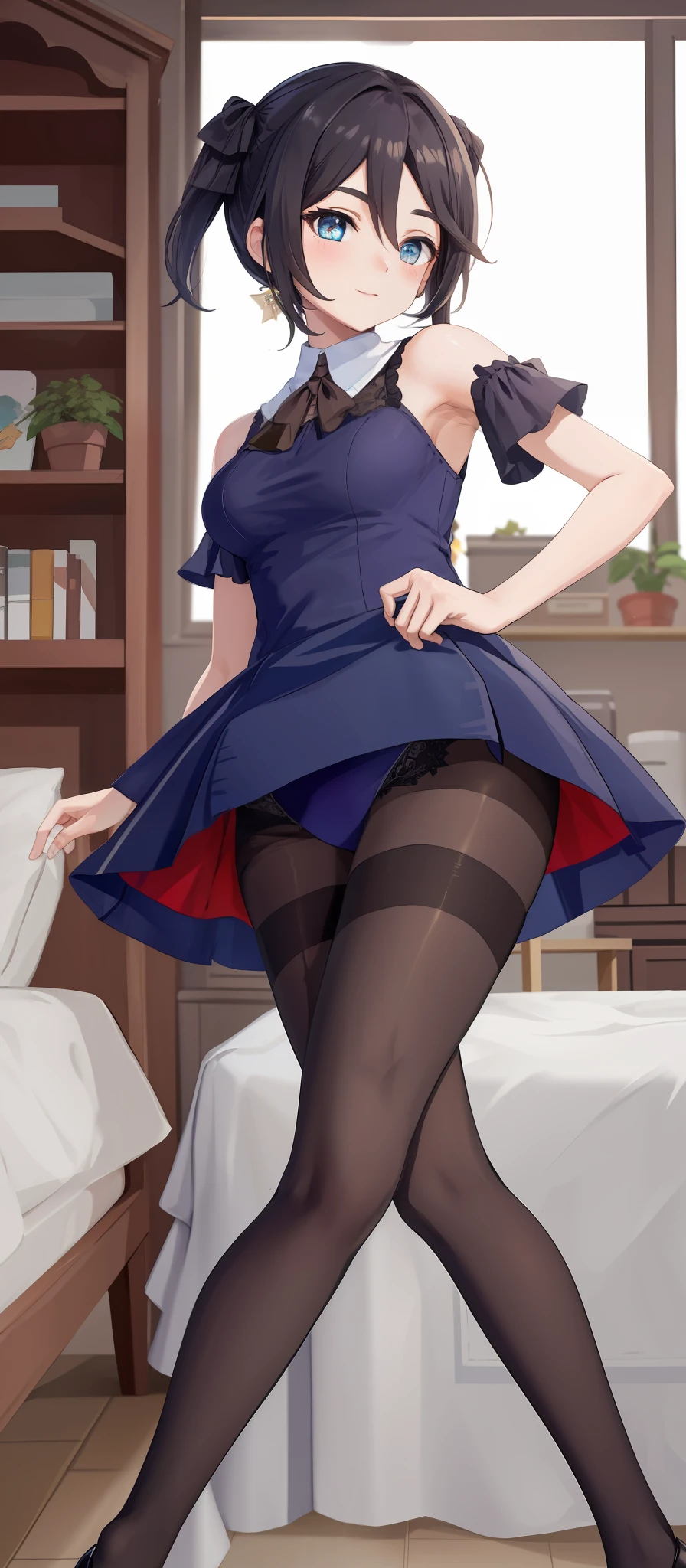 Dark black pantyhose, long beautiful hair