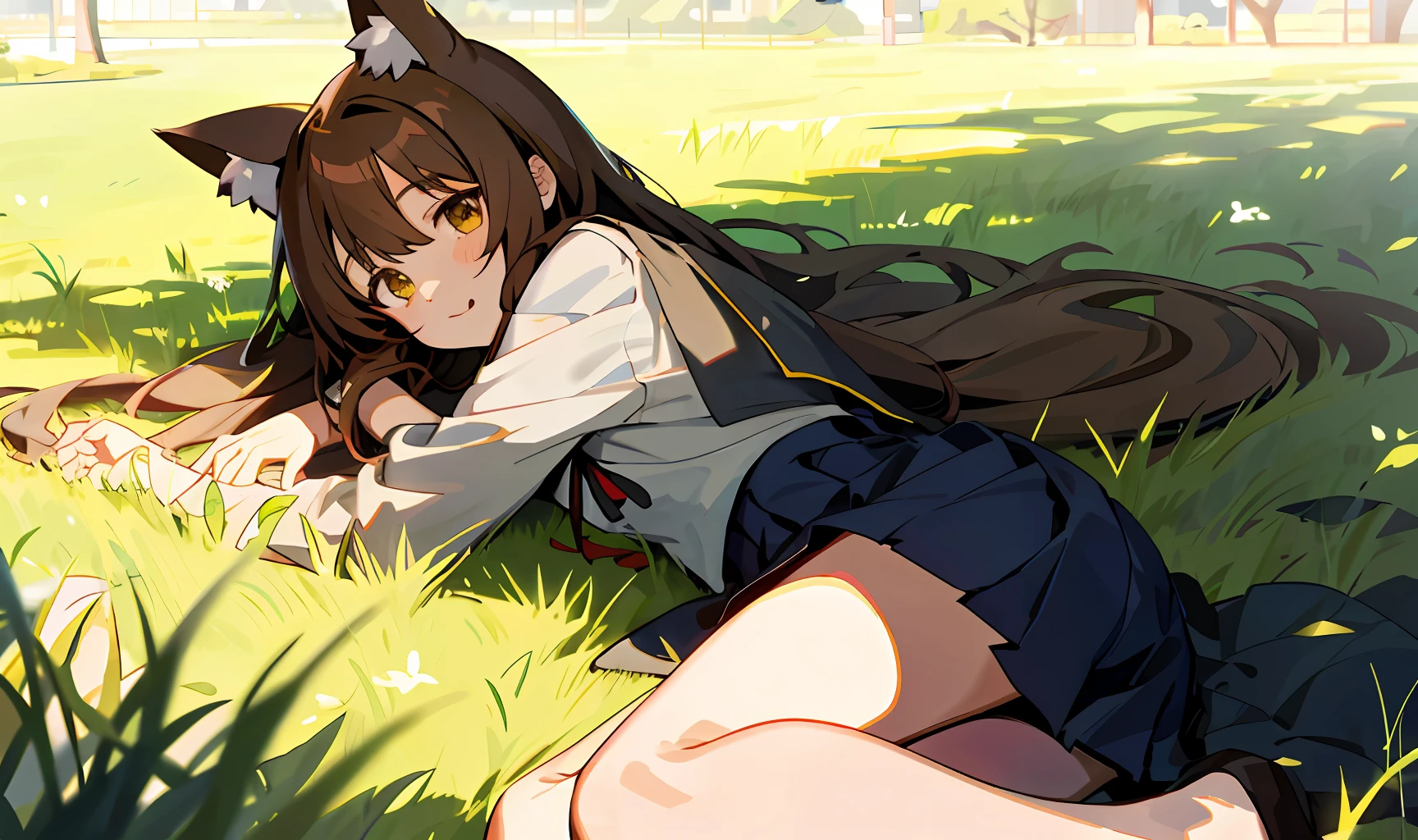 Cute anime student catgirl with long brown hairs laying in grass with brother