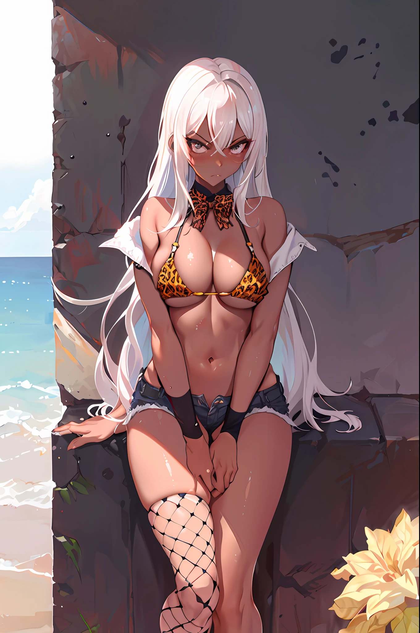, Silver hair, solo, shorts, navel, babe, open clothes, leopard bikini, microbikini, blush, angry face, prominent areola, (dark skin: 1.1), big breasts, viewing angle, wet crotch, fishnet socks