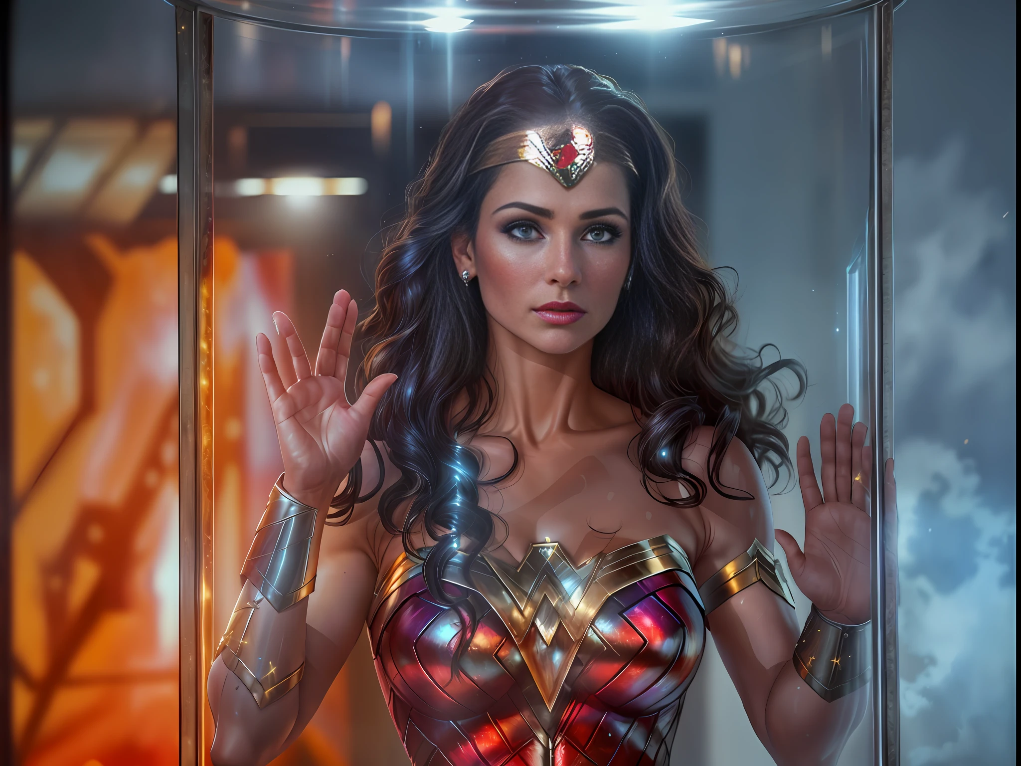 Close-up of Wonder Woman in Wonder Woman costume in glass case, Linda Carter Wonder Woman, dressed as Wonder Woman, hologram hovering around her, stunning scene, waist shot, full scene shot, portrait of Wonder Woman, palms of both hands raised against glass wall, clear glass, ((highest quality)), (8k, very detailed, full-length frame, high-detail RAW color art, masterpiece: 1.2), (realistic and realistic photo: 1.37), Cinematic Light Rendering, Photon Mapping, Physics-Based Rendering, Wonder Woman, Raising Your Head, Breathing Deeply, (Intricate Details, Makeup), (Delicate and Beautiful Delicate Face, Delicate and Beautiful Delicate Eyes, Face with Perfect Proportions), (Realistically Moist Skin: 1.0), (Soaked Body: 0.5), (Wet Skin), Wet Hair, Delicate Skin, Strong and Realistic Blue Eyes, Realistic Black Hair, Lips, Makeup, Natural Skin Texture, Tiara, Jewelry, Stars \(symbol\), leotard, bulletproof gauntlet, red boots, golden girdle, golden rope tied to the girdle, (public clothing: 1.5), bare shoulders, slightly sunburned complexion, mature, sexy, elastic muscles, (muscles:1.2), ((strong and healthy body)), ((((more) muscles))), long legs, curves, (big breasts: 1.3), thin waist, soft waist, (delicate skin), (beautiful and sexy woman), (swollen lips: 0.9), (eyelashes: 1.2), very delicate muscle definition,