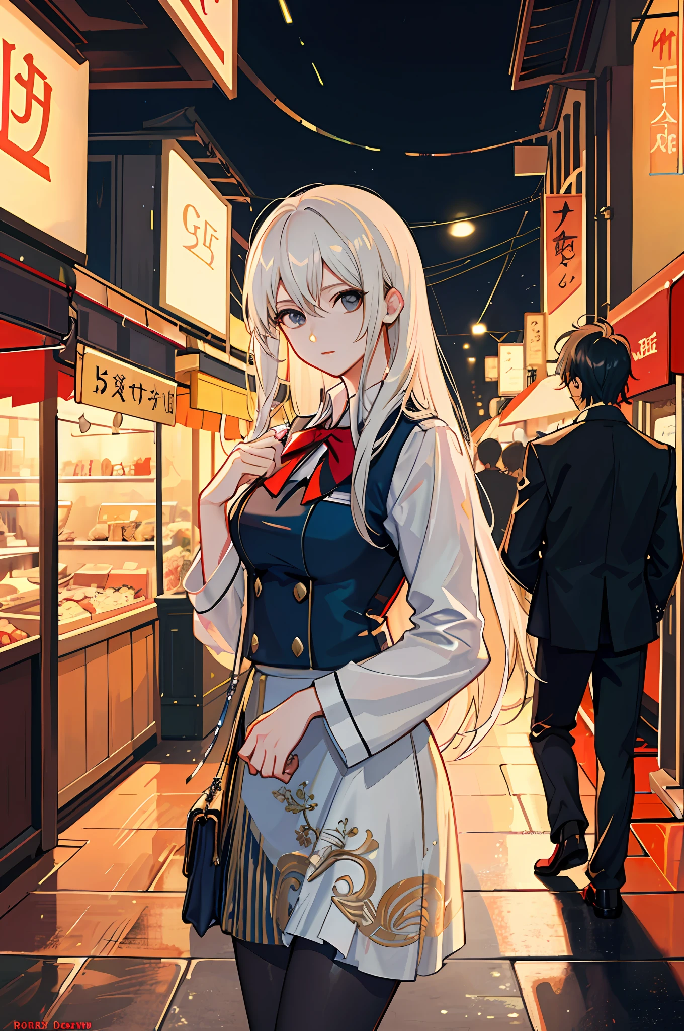 raining night,city,A beautiful woman  wearing school uniform on the bustling streets of Gintama, surrounded by vendors, beautiful portrait of a stunning goddess girl, beautiful detailed face, porcelain skin, half body shot, centered, ultra soft lighting, symmetry, intricate, elegant, highly detailed, photorealistic, artstation, concept art, smooth, as imagined by greg rutkowski and borris vallejo, cover, vogue style