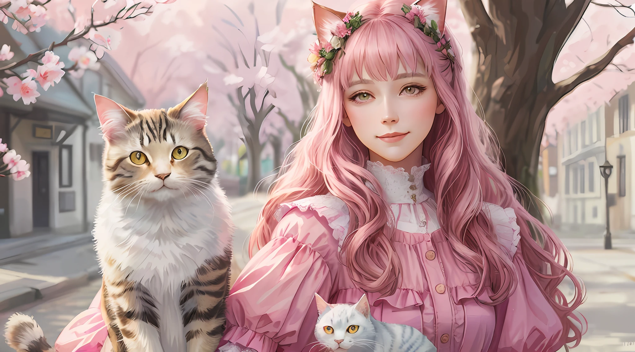 woman with cat, cute, nice clothes, fluffy cat, gentle, smiling, beautiful, pink clothes, masterpiece, highly detailed, painting style, best quality, realistic, dreamy, art style, detailed eyes
