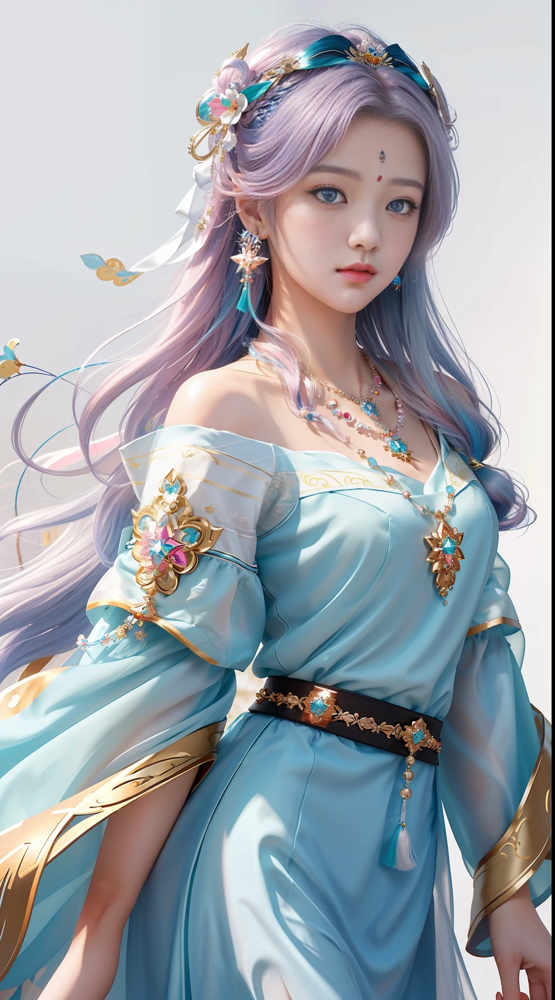 Superb Style, Masterpiece, High Resolution, Game CG, 1girl, Blush, (White Background: 2), Star Eyes, Tibetan Style, (Colorful Hair: 2), Hair Accessories, Necklaces, Jewelry, Beauty, Realistic, Light Edge, (High Detail Skin: 1.2), 8K UHD