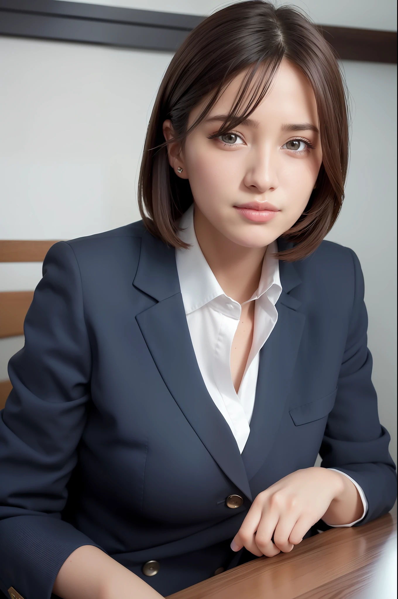 (8k, best quality, masterpiece:1.2), (realistic, photo-realistic:1.37), ultra-detailed, 1 girl,cute, solo,beautiful detailed sky,detailed office,night,sitting,(nose blush),(smile:1.15),(closed mouth) , medium breasts,beautiful detailed eyes,(collared shirt:1.1), night, wet,business attire, rain, (short hair:1.2), pureerosface_v1, computer, detail finger, beautiful detailed face,