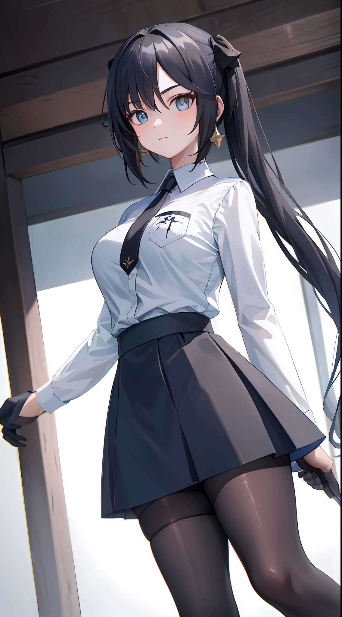 ((masterpiece)),(best quality),(detailed),(1girl),long hair, glowing eyes, white shirt, black skirt, black stockings