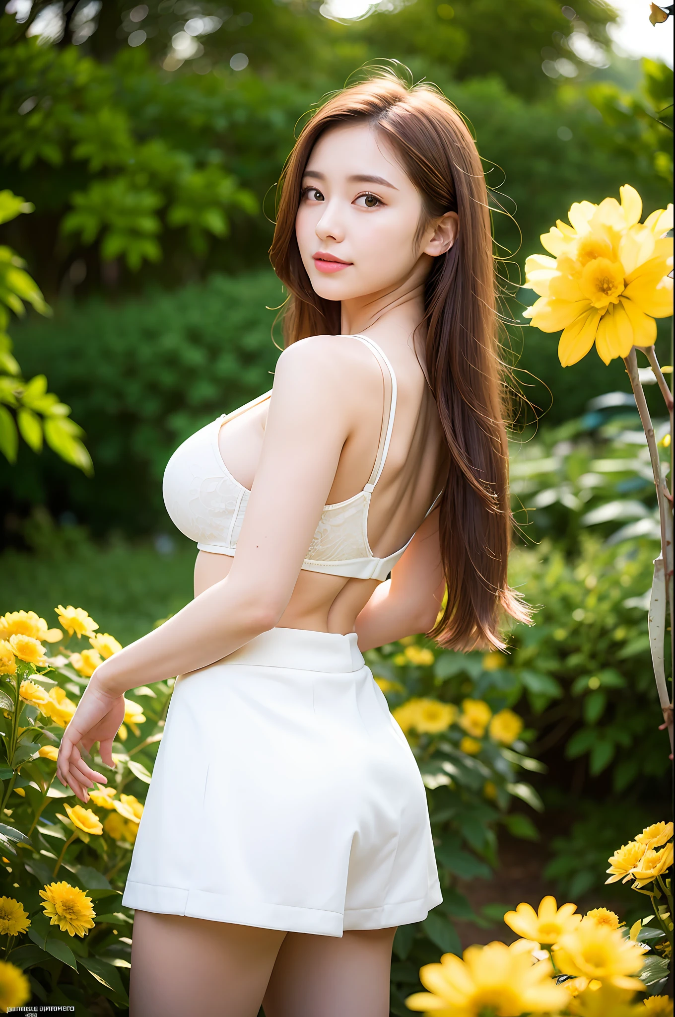 (Best quality, masterpiece: 1.2), portrait, breasts, outdoors, 25-year-old woman in the garden: 2, white miniskirt, (pale yellow flower chaos in background: 1.3), backlight: 1.7, rich skin details: 1.8,