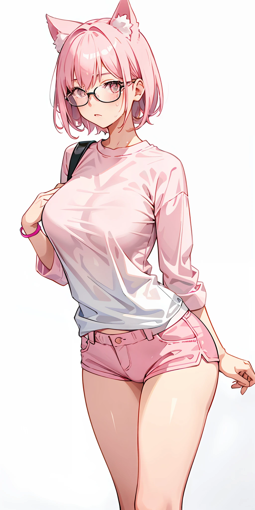 1 girl,pink short hair,pink cat ear,pink detailed eyes,glasses,blush face,white t shirt,pink jaket,big breast,white short pantai,tight legs,long legs,silly pose, sweating body