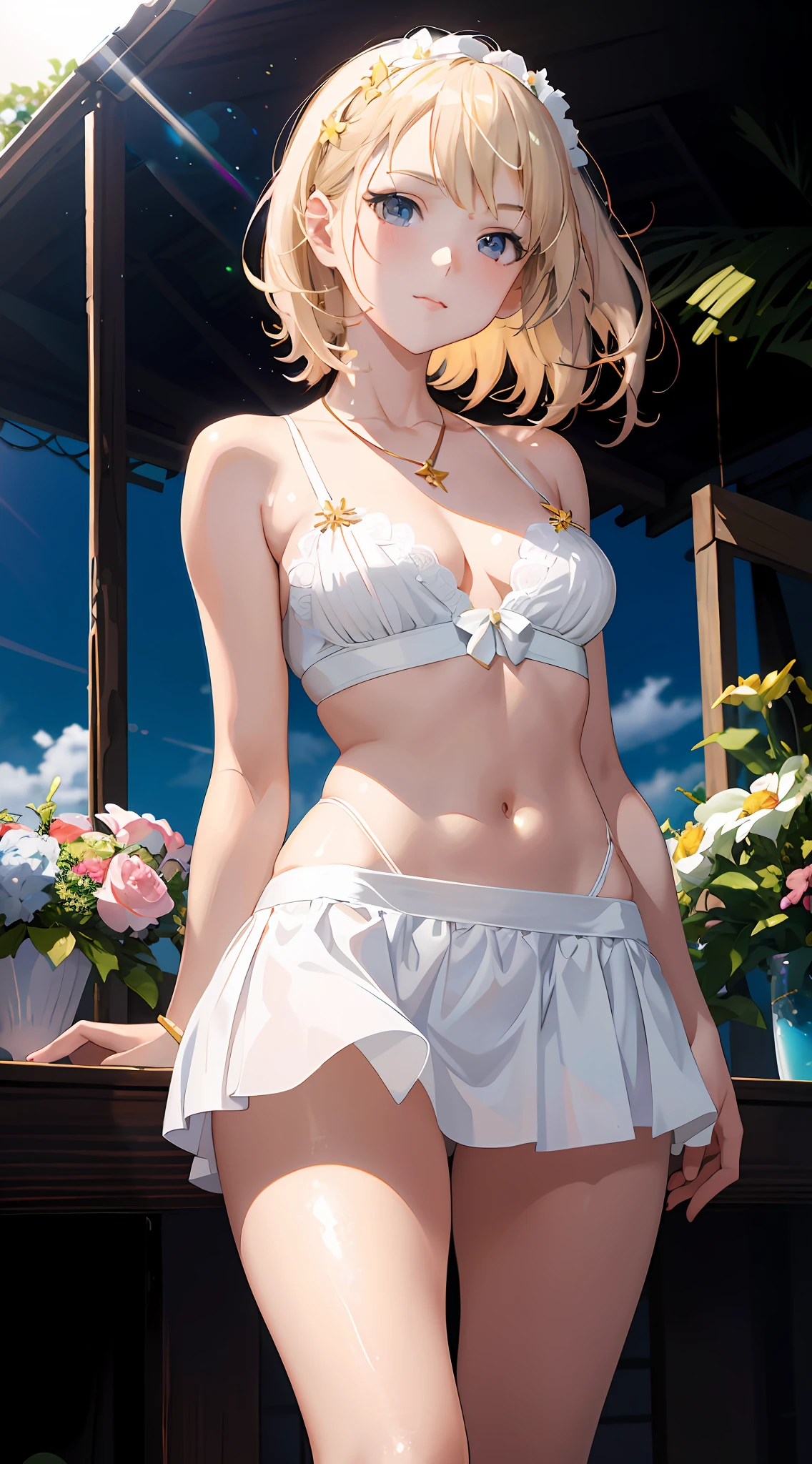 blond haired woman in white bikini and panties posing for a picture, cushart krenz key art feminine, anime goddess, seductive anime girl, photorealistic anime girl render, render of april, beautiful alluring anime woman, blonde goddess, fine details. girls frontline, loli, hot and sunny highly-detailed, 🌺 cgsociety, realistic bikini