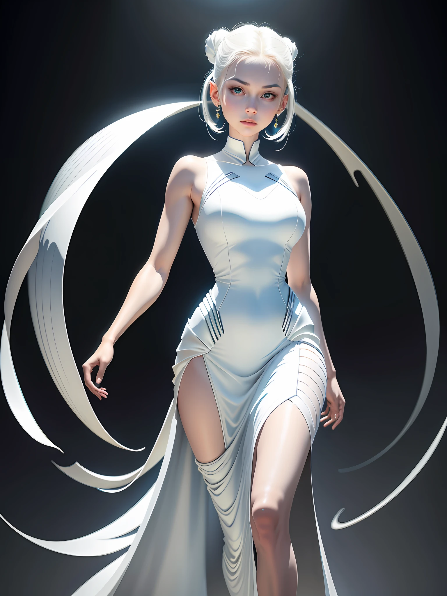 Bare arms, Bare palms, Sleeveless shirt, Full body,1 girl,Wear a Space opera style costumes, pale skin,A simple evening dress with a sci-fi feel, white plastic, diffuse lighting, divine goddess, fantasy, no helmet,absurdres,dune,mass,(masterpiece:1.4), ultra-detailed, 1girl, stand up,2023 fashion,