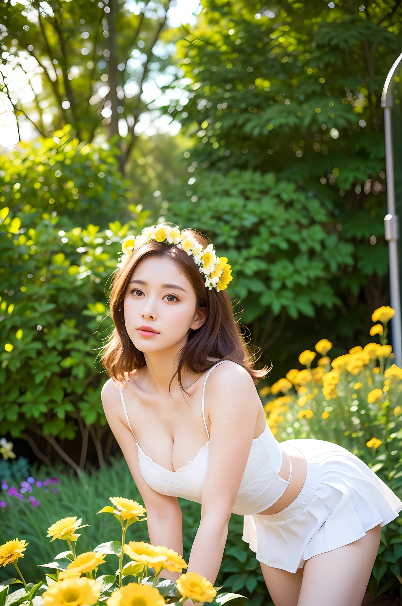 (Best Quality, Masterpiece: 1.2), Portrait, Breasts, Outdoor, 25-Year-Old Woman in the Garden: 2, White Miniskirt, (Pale Yellow Flower Confusion in the Background: 1.3) Same characters, different costumes, different angles, backlight: 2, rich skin details: 1.8,