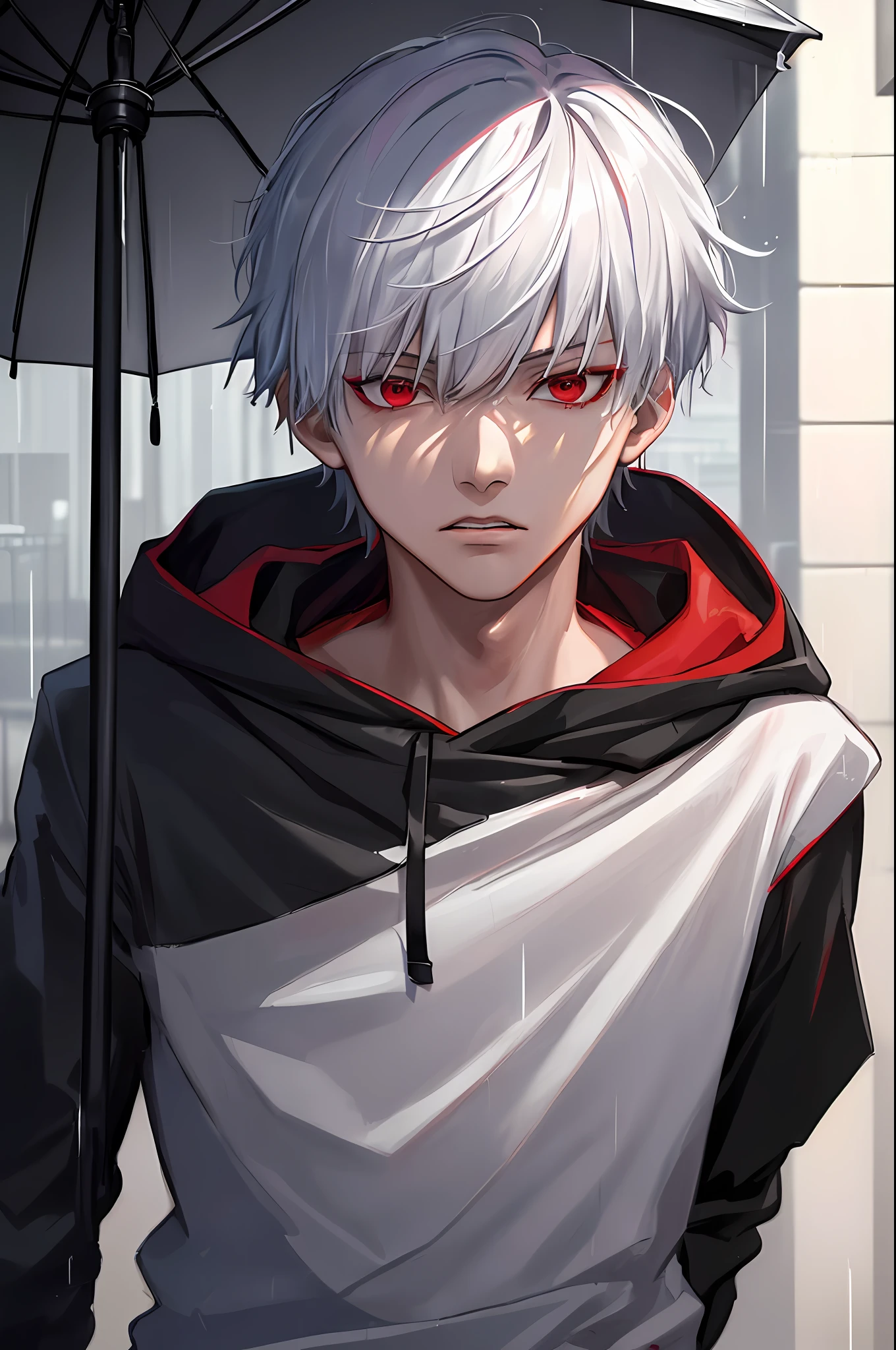 kk, best quality, more details, masterpiece, 1boy, kaneki ken, portrait, male focus, red eyes, solo, bangs, looking at viewer, hood, short hair, rain, tokyo tokyo \(city\),  hood up, nail polish, white hair, luxurious, 8k, detailed, ray tracing, depth of field, cinematic lighting,