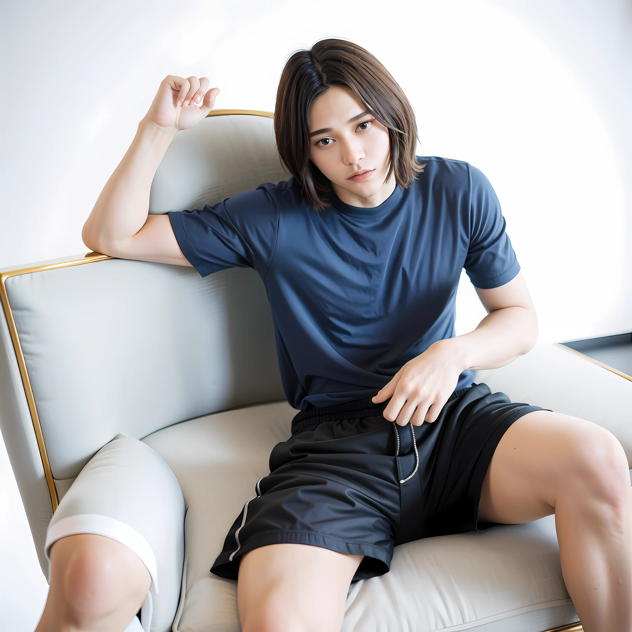 Fashion magazine photo, full height body, beautiful 20 year old boy Ihetianande perfect pose, lying on chair, wearing shorts, wearing blue plol, studio, sexy body, fantastic blue eyes, sharp focus, volumetric lighting, (detailed face: 1.2), subsurface scattering, f2, 35mm