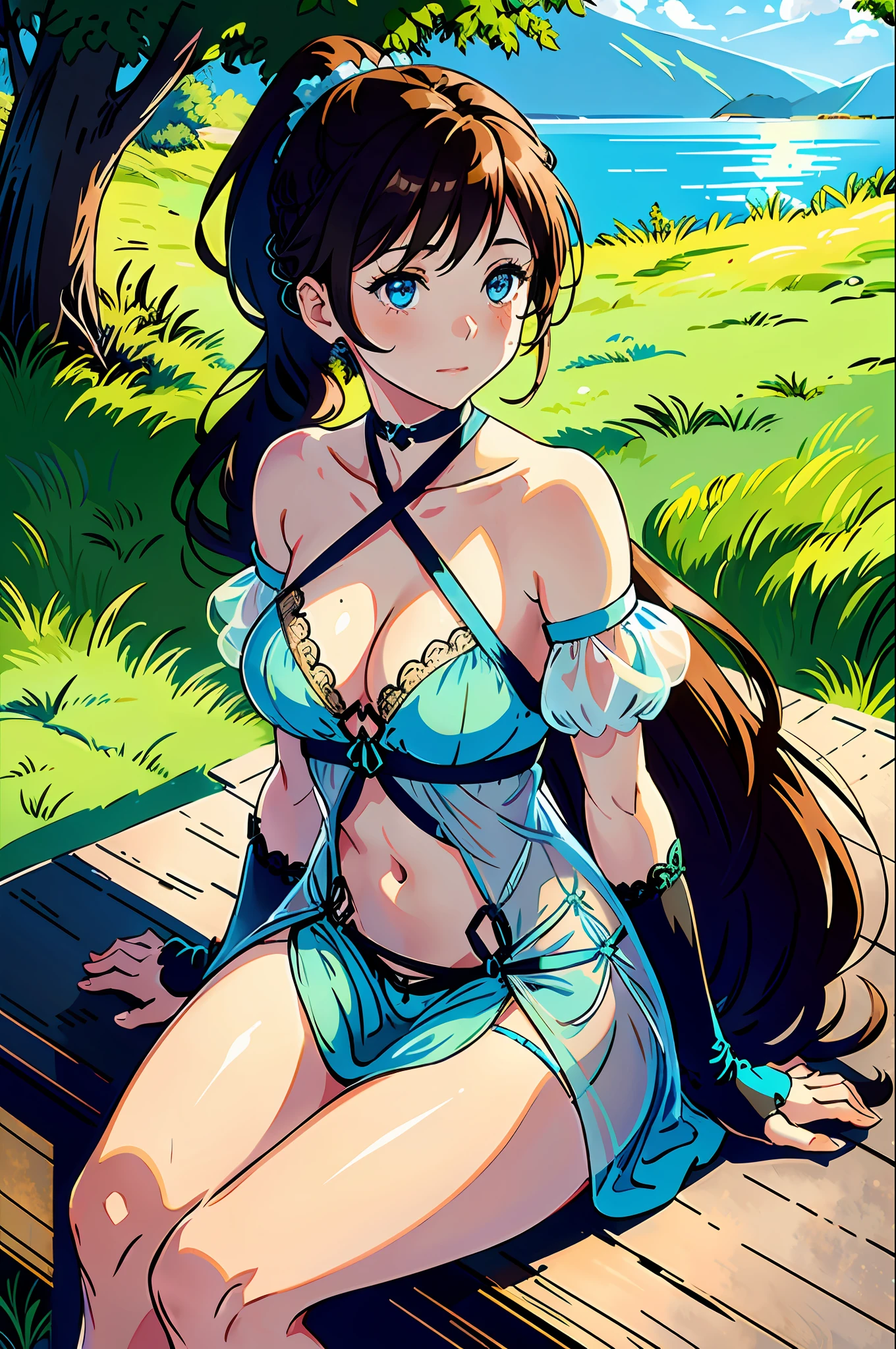 1girl, high res, beautiful colors, best quality. Fairy, long brown hair in a braided ponytail, light blue eyes, green nightgown, stomach cutout, criss-cross lace, short dress, black panties, deep cleavage, fingerless elbow gloves, sitting in tree, soft smile, see-through clothes, hair in the wind, flowing in wind