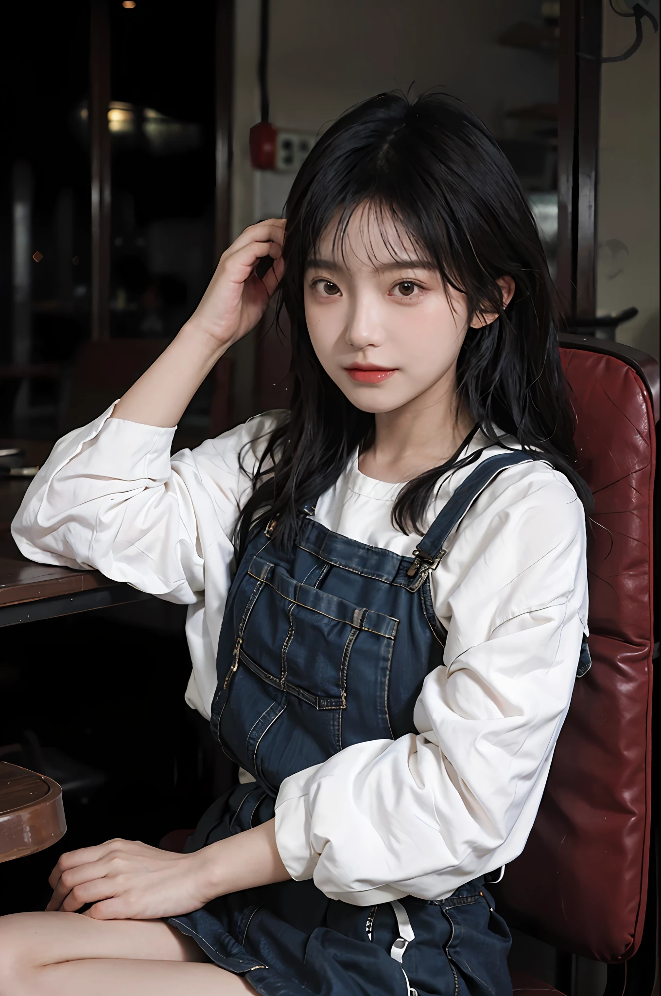 8K, best quality, masterpiece, super high resolution, (Realism: 1.4), Original photo, (Realistic skin texture: 1.3), (Film grain: 1.3) There is a woman sitting on a chair in a restaurant, Korean girl, Korean female fashion model, gorgeous Korean young woman, beautiful Korean woman, beautiful Korean young woman, wearing overalls, a cute young woman, popular in cgstation, casual clothing style, ulzzang, korean woman, popular on cgstation, cute korean actress, cute young woman