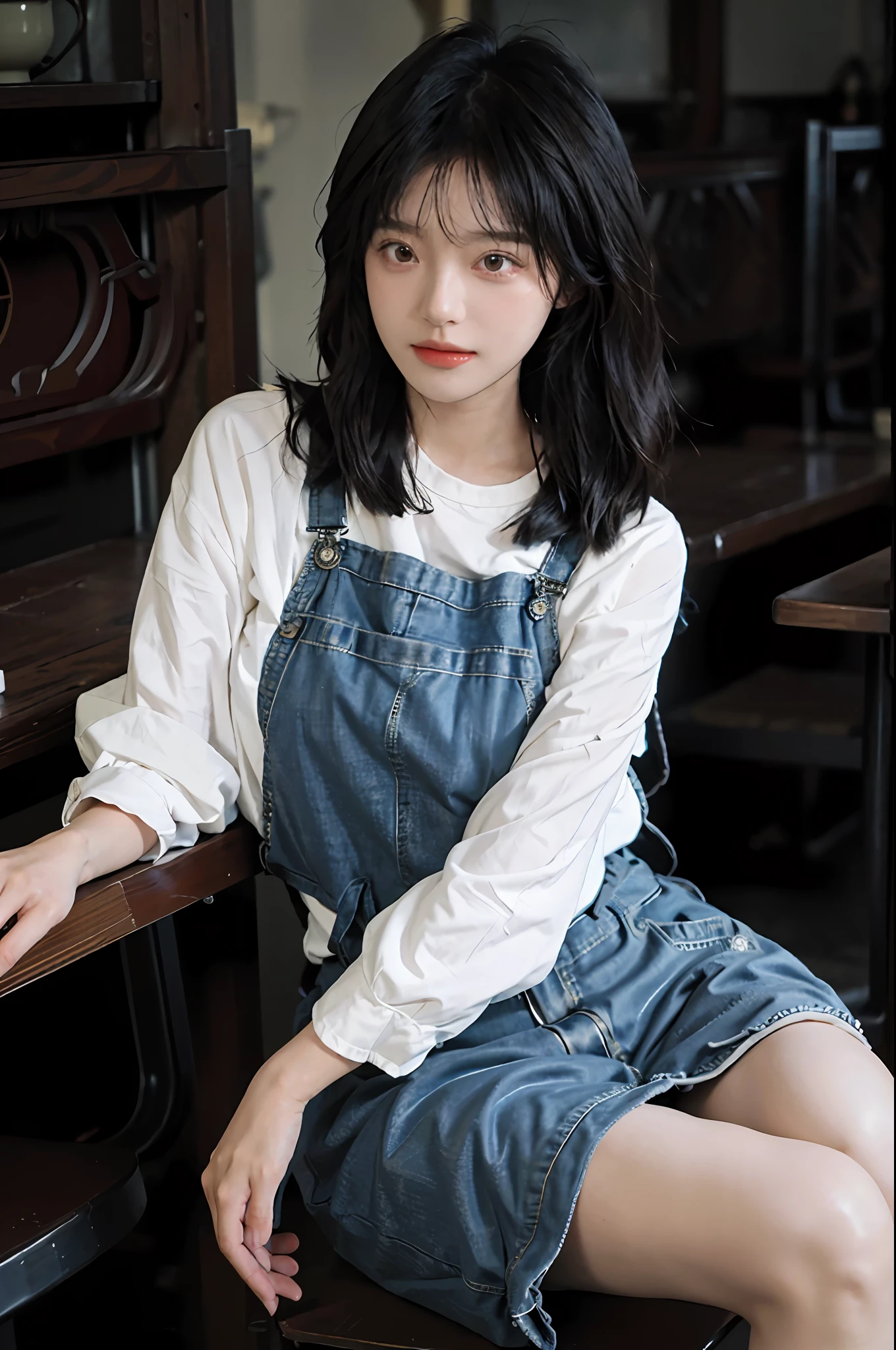 8K, best quality, masterpiece, super high resolution, (Realism: 1.4), Original photo, (Realistic skin texture: 1.3), (Film grain: 1.3) There is a woman sitting on a chair in a restaurant, Korean girl, Korean female fashion model, gorgeous Korean young woman, beautiful Korean woman, beautiful Korean young woman, wearing overalls, a cute young woman, popular in cgstation, casual clothing style, ulzzang, korean woman, popular on cgstation, cute korean actress, cute young woman