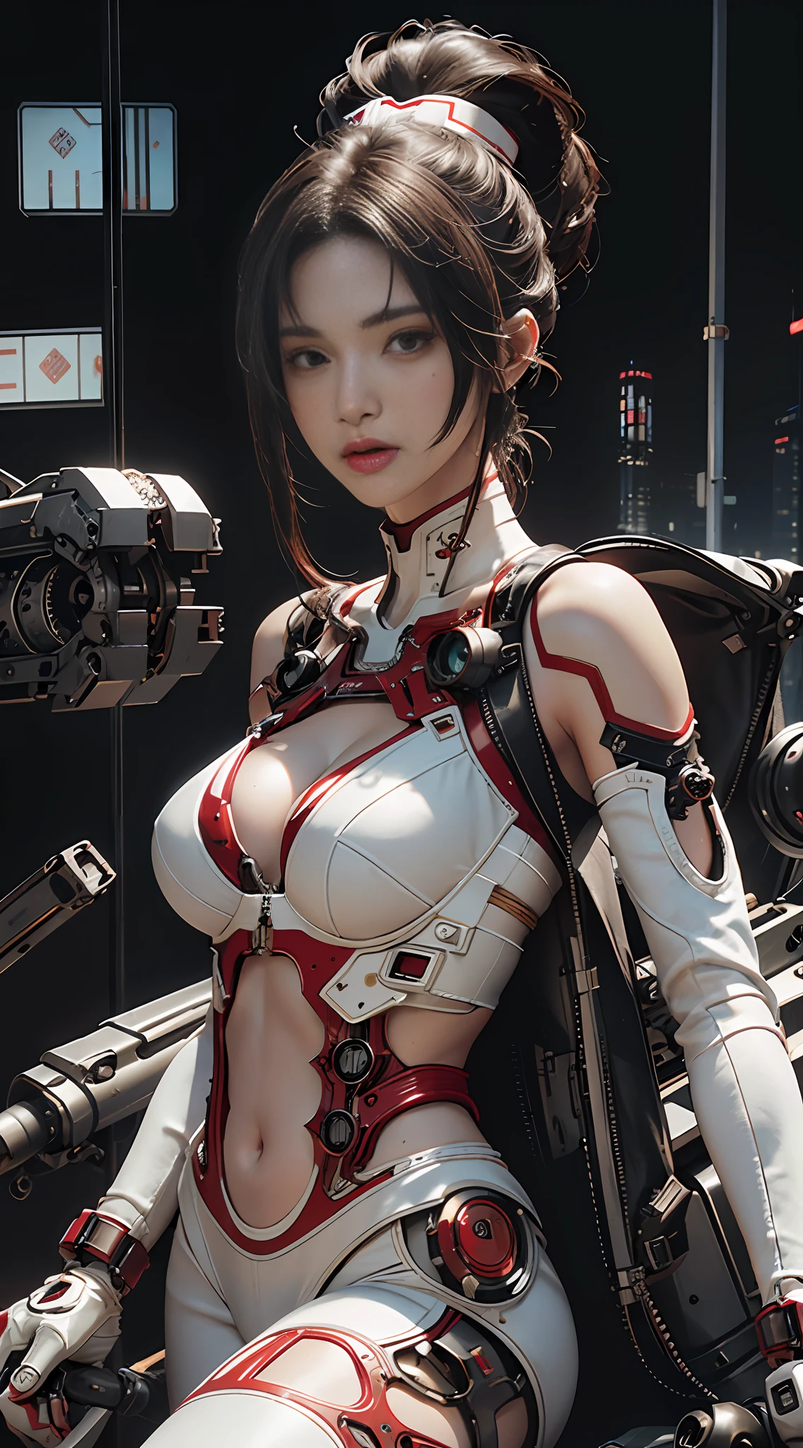 Highest quality, outstanding detail, super high resolution, (fidelity: 1.4), best illustration, favor details, close-up, a mecha girl with a delicate and beautiful face, ((red and white semi-mechanical body: 1.8)), (big breast: 1.2), sexy, belly button, cleavage, riding on a motorcycle, cyberpunk, futuristic, mechanical aesthetics, complex machinery, background is a high-tech lighting scene of the futuristic city, virtual engine 5, perfect detail rendering, octane rendering, ultra HD