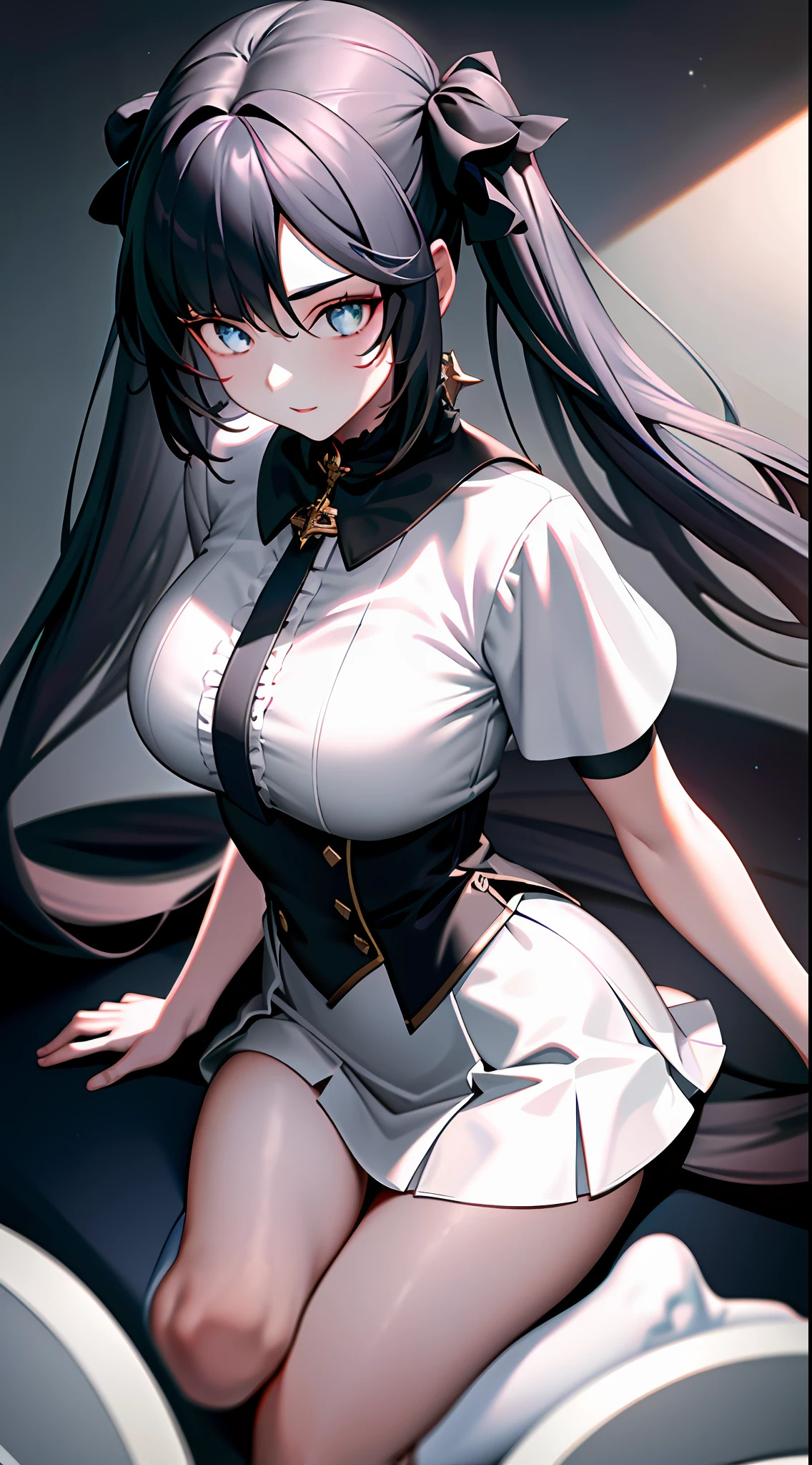 ((masterpiece)),(best quality),(detailed),(1girl),long hair, glowing eyes, white shirt, black skirt, black stockings, view from top, legs together, looking up, side view