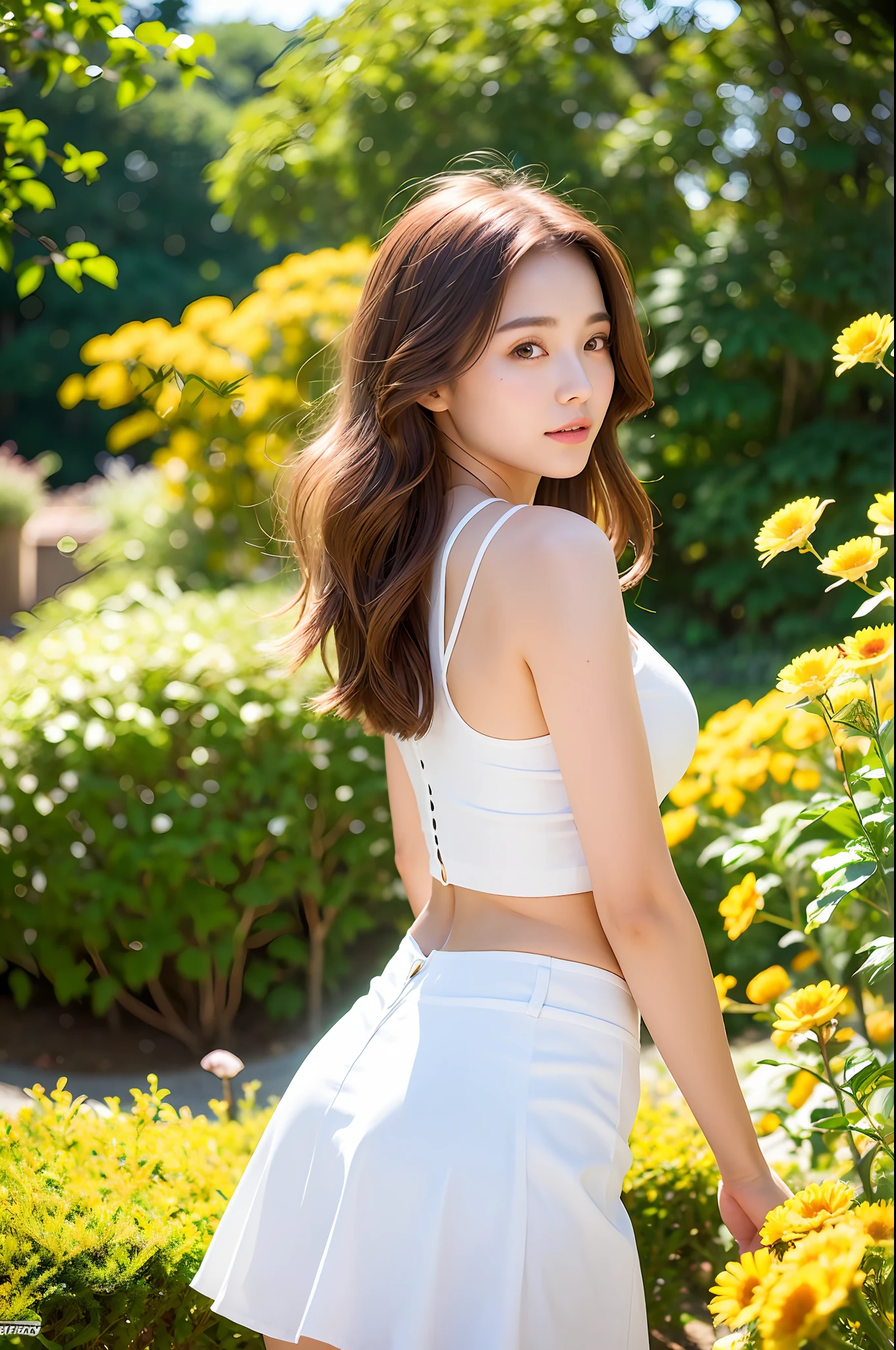 (Best quality, masterpiece: 1.2), portrait, breasts, outdoors, 25-year-old woman in the garden: 2, white miniskirt, (pale yellow flower chaos in background: 1.3), backlight: 1.7, rich skin details: 1.8,