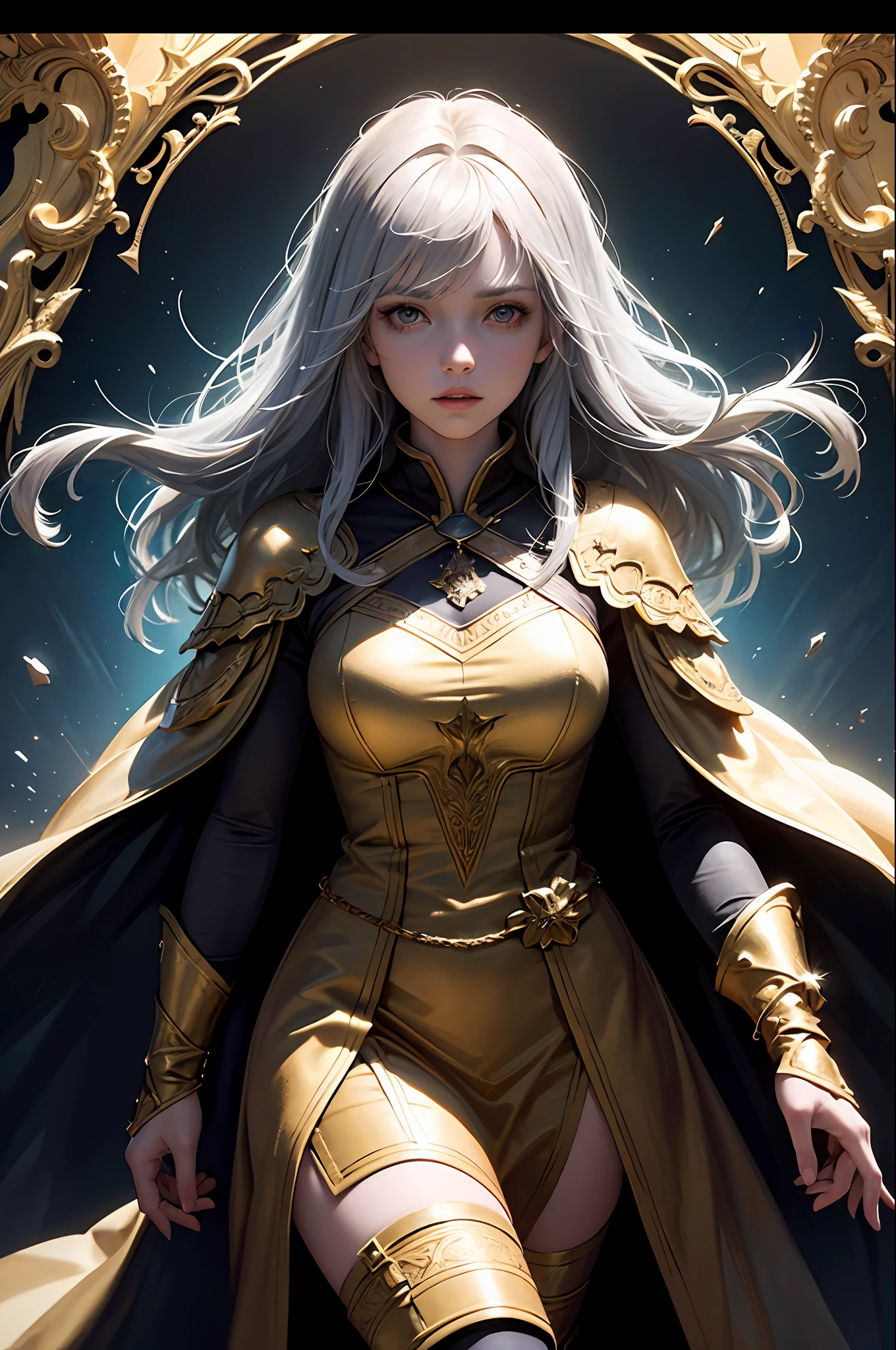 (Front Focus), (In the Dark: 1.6), A Woman Wearing Gorgeous Golden Robe, Fantasy Art, Photo Realism, Dynamic Lighting, Artstation, Poster, Volumetric Lighting, Very Detailed Face, 4 K, Award-Winning 1girl, In the Dark, Deep Shadow, Low Key, Cowboy Shot, (Official Uniform: 1.4), Long Hair, Gray Hair