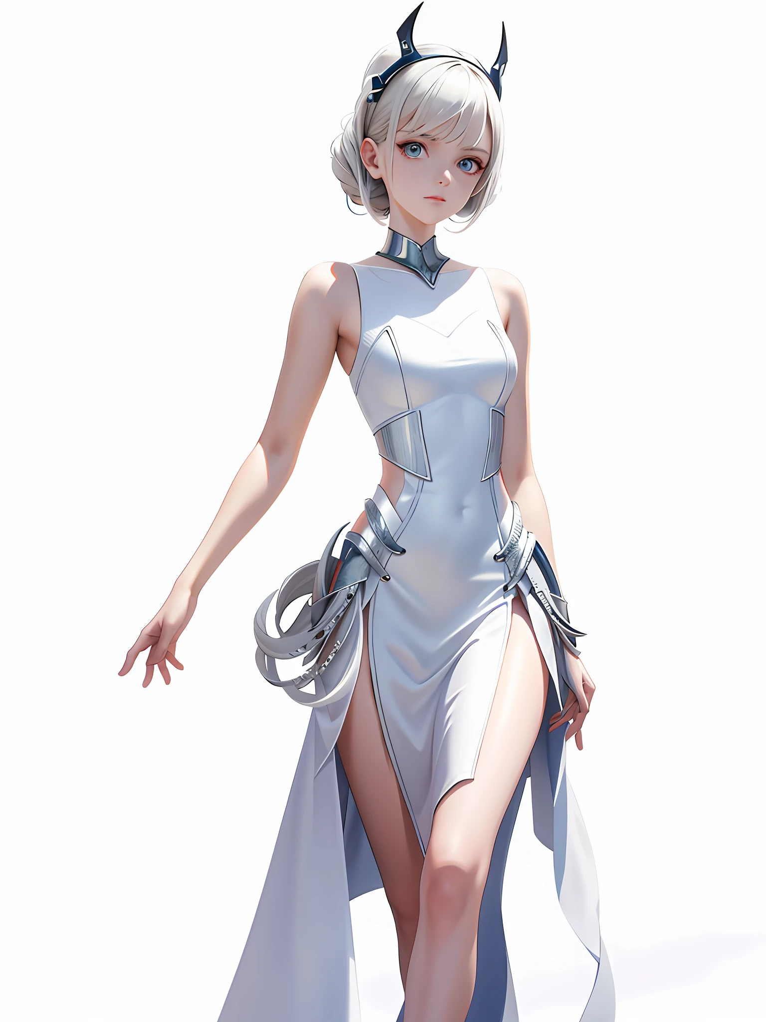 Bare arms, Bare palms, Sleeveless shirt, Full body,1 girl,Wear a Space opera style costumes, pale skin,A simple evening dress with a sci-fi feel, white plastic, diffuse lighting, divine goddess, fantasy, no helmet,absurdres,dune,mass,(masterpiece:1.4), ultra-detailed, 1girl, stand up,2023 fashion,