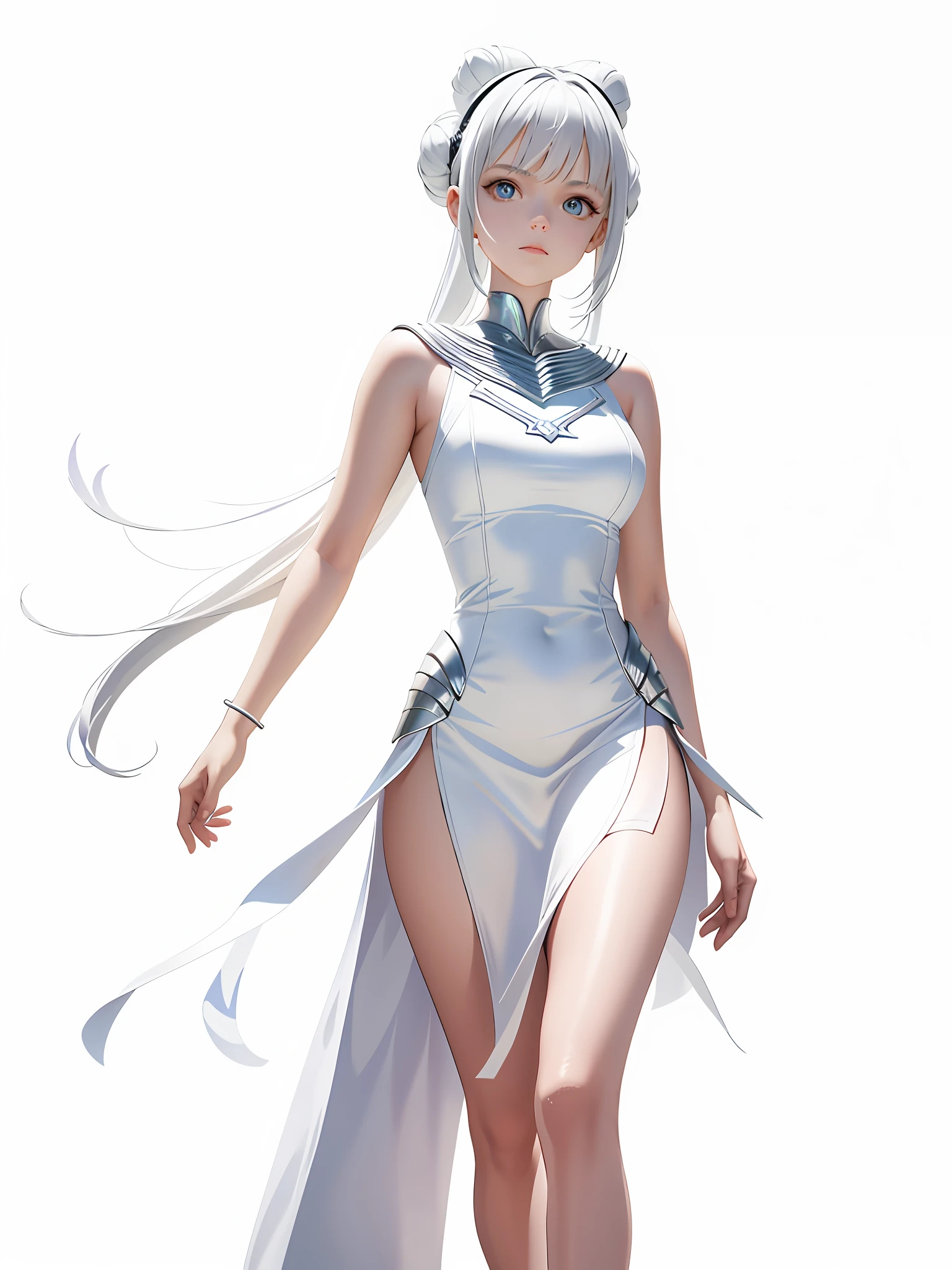 Bare arms, Bare palms, Sleeveless shirt, Full body,1 girl,Wear a Space opera style costumes, pale skin,A simple evening dress with a sci-fi feel, white plastic, diffuse lighting, divine goddess, fantasy, no helmet,absurdres,dune,mass,(masterpiece:1.4), ultra-detailed, 1girl, stand up,2023 fashion,